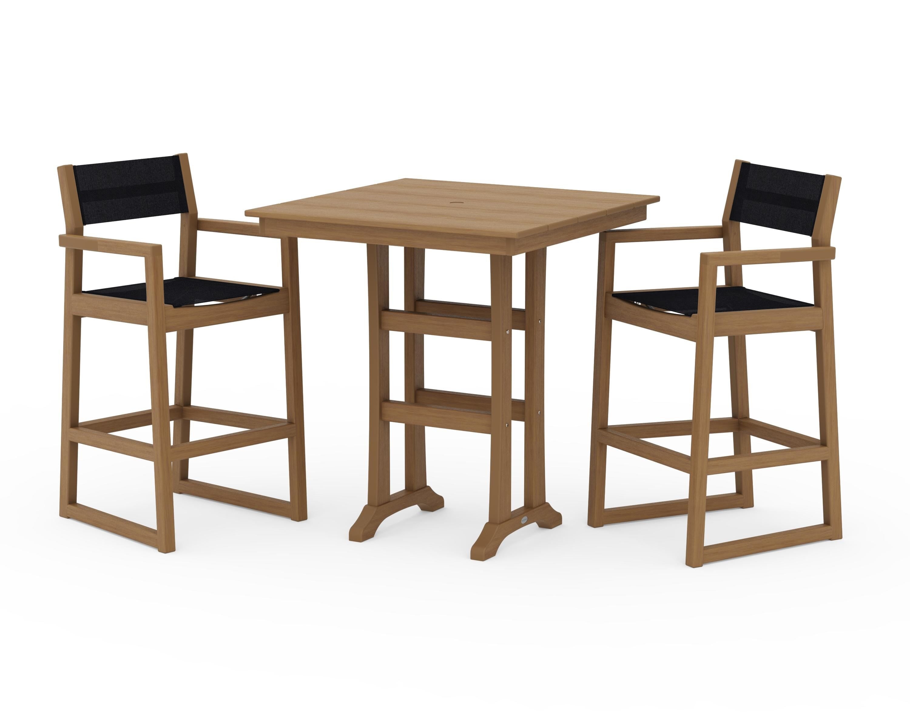 POLYWOOD EDGE Sling Arm Chair 3-Piece Farmhouse Bar Set with Trestle Legs in Natural / Black Sling