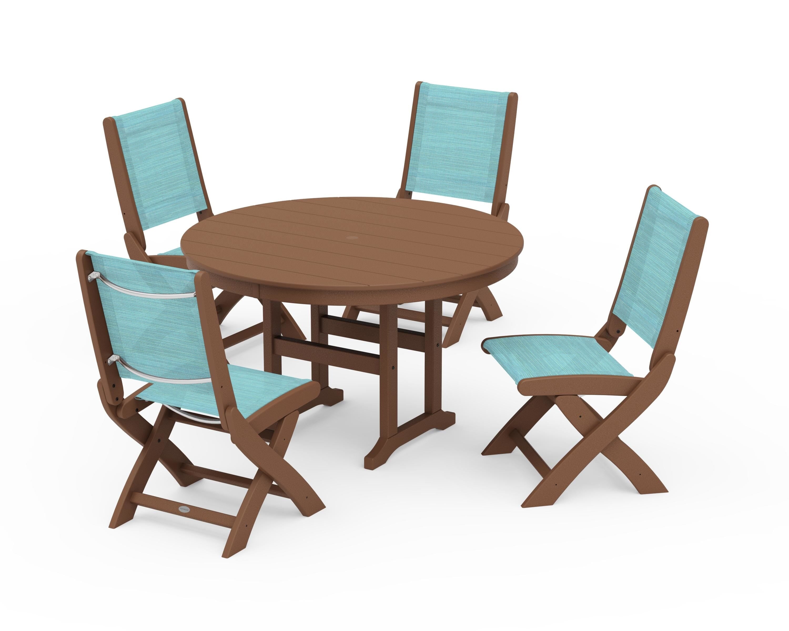 POLYWOOD Coastal Folding Side Chair 5-Piece Round Dining Set in Teak / Dupioni Aquamarine Sling