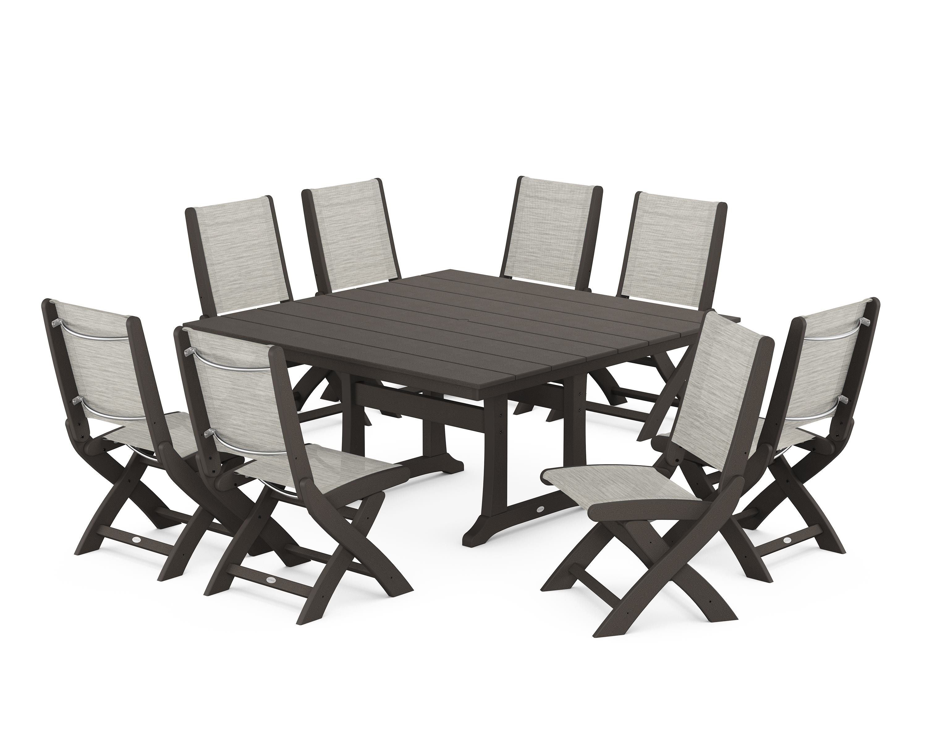POLYWOOD Coastal Folding Side Chair 9-Piece Farmhouse Dining Set in Vintage Coffee / Birch Sling