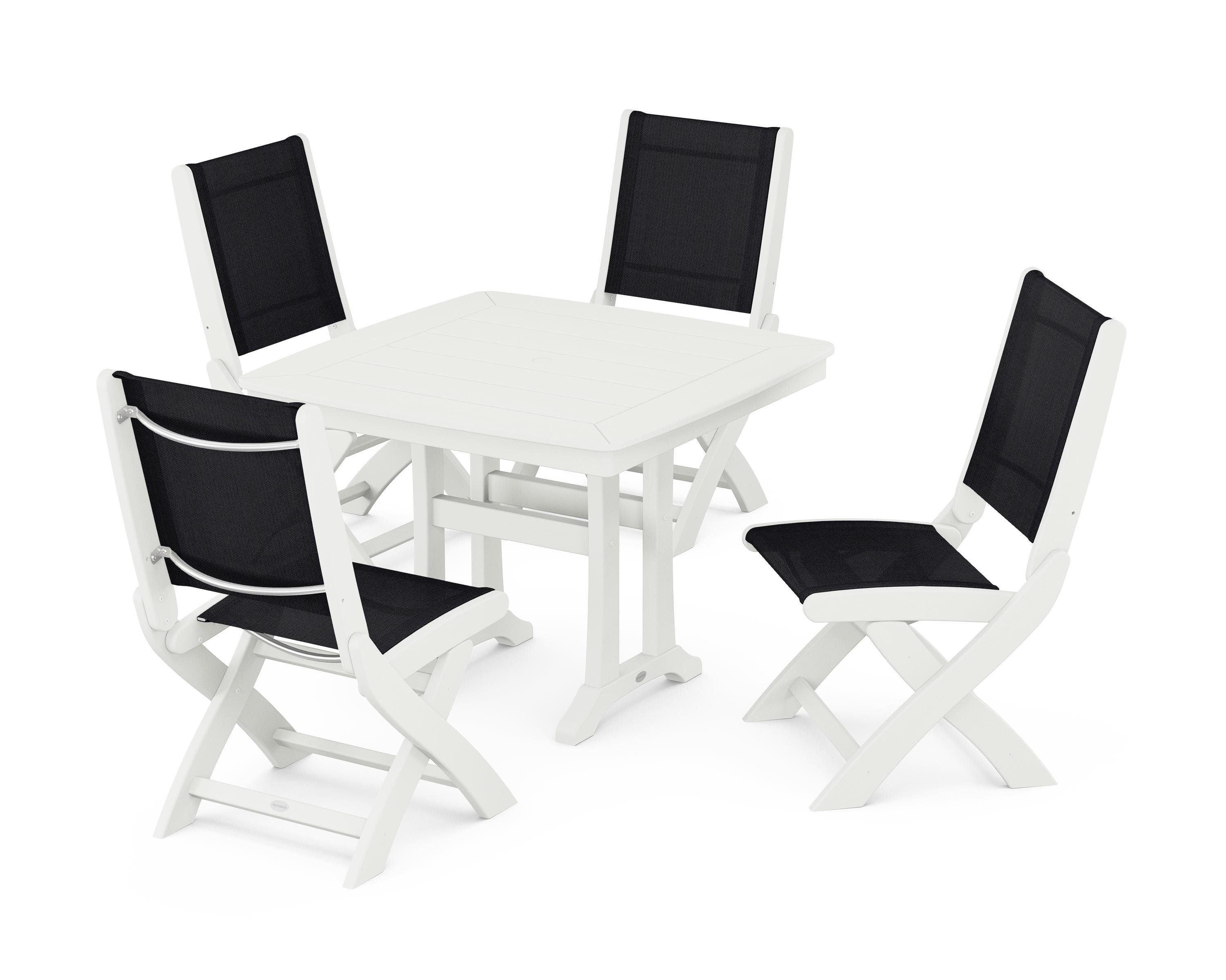 POLYWOOD Coastal Folding Side Chair 5-Piece Dining Set with Trestle Legs in Vintage White / Black Sling