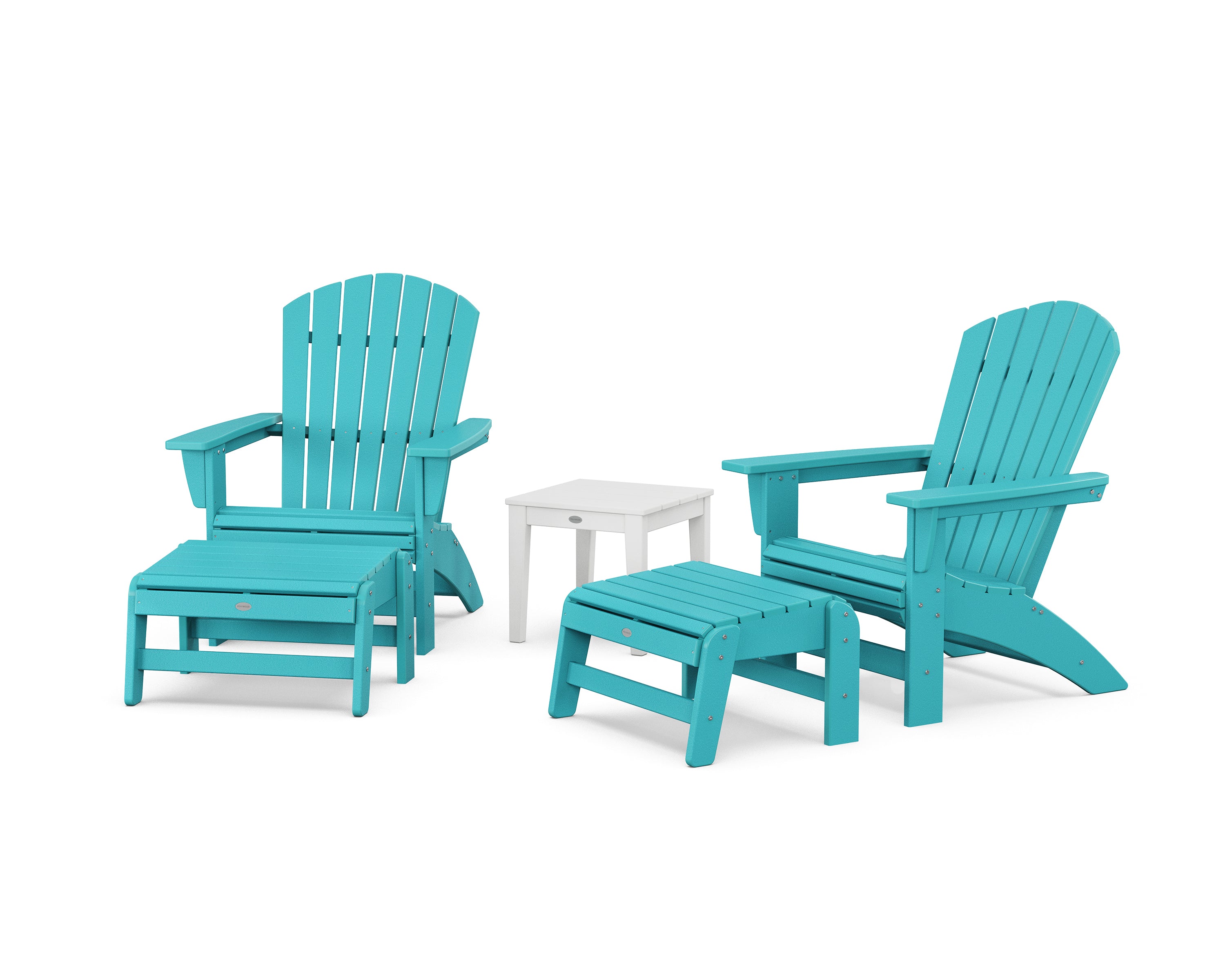 POLYWOOD 5-Piece Nautical Grand Adirondack Set with Ottomans and Side Table in Aruba / White