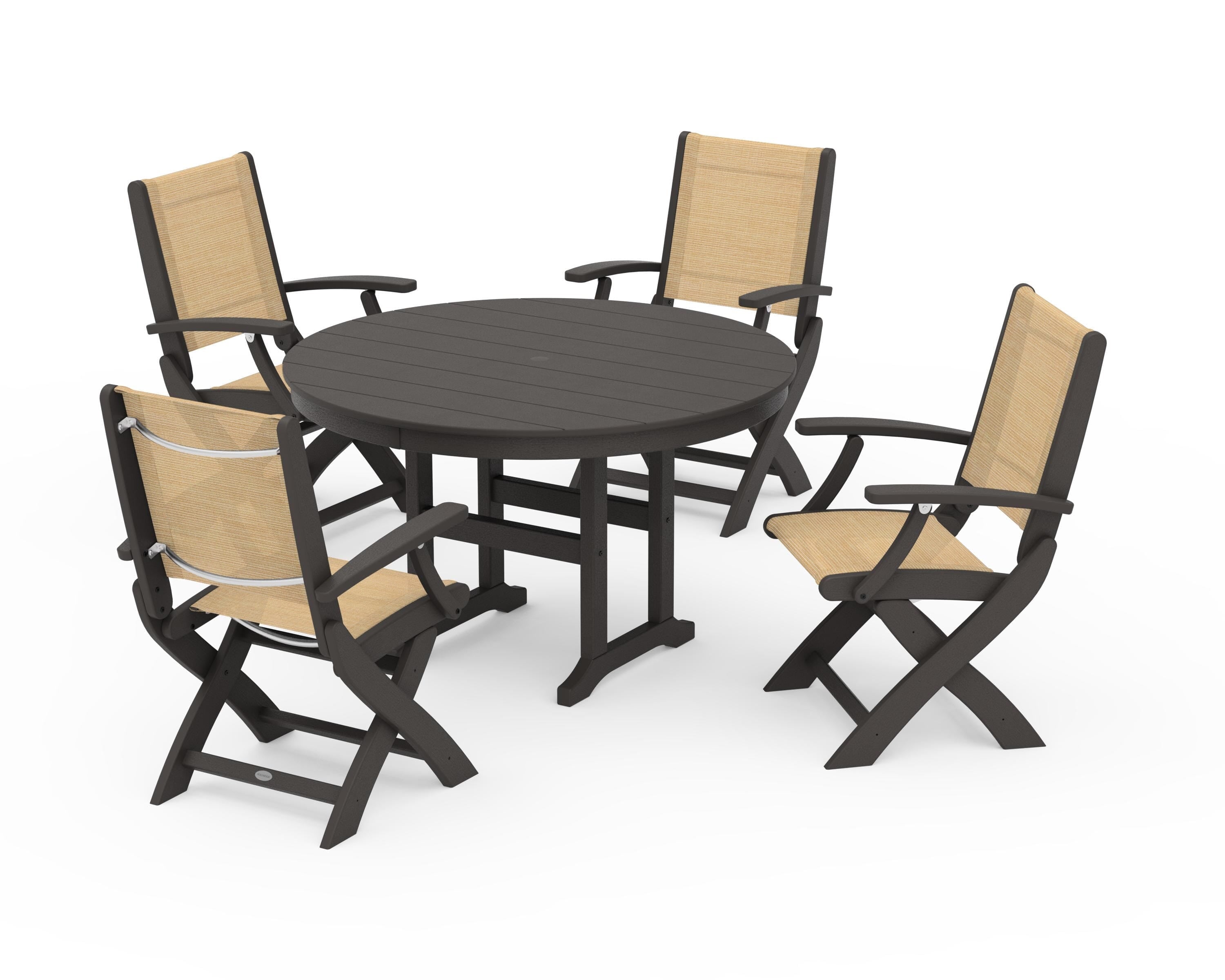 POLYWOOD Coastal Folding Chair 5-Piece Round Dining Set in Vintage Coffee / Dupioni Apricot Sling