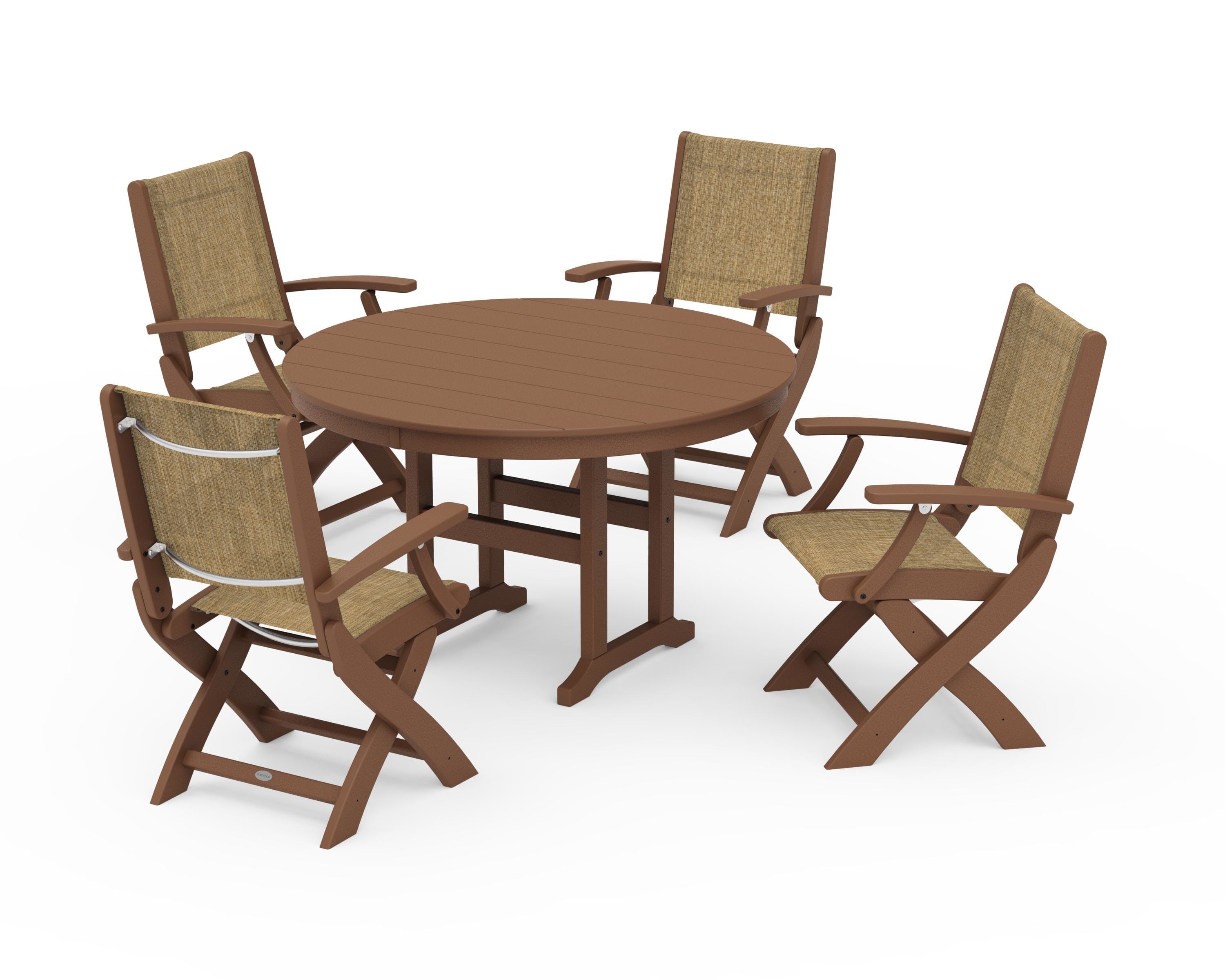 POLYWOOD Coastal Folding Chair 5-Piece Round Dining Set in Teak / Burlap Sling