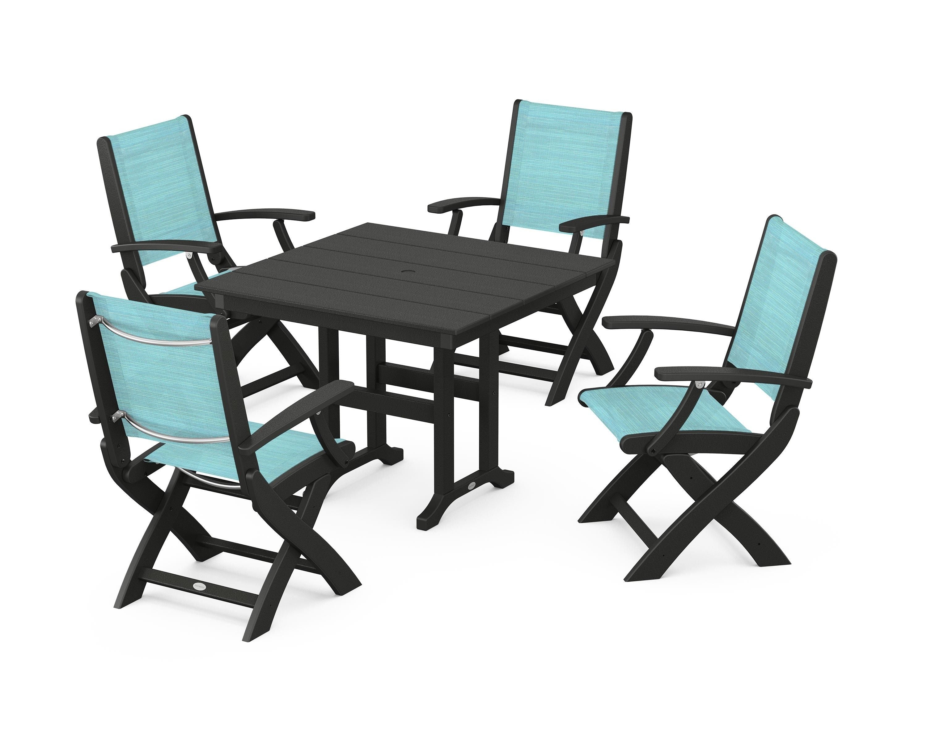 POLYWOOD Coastal Folding Chair 5-Piece Farmhouse Dining Set in Black / Dupioni Aquamarine Sling