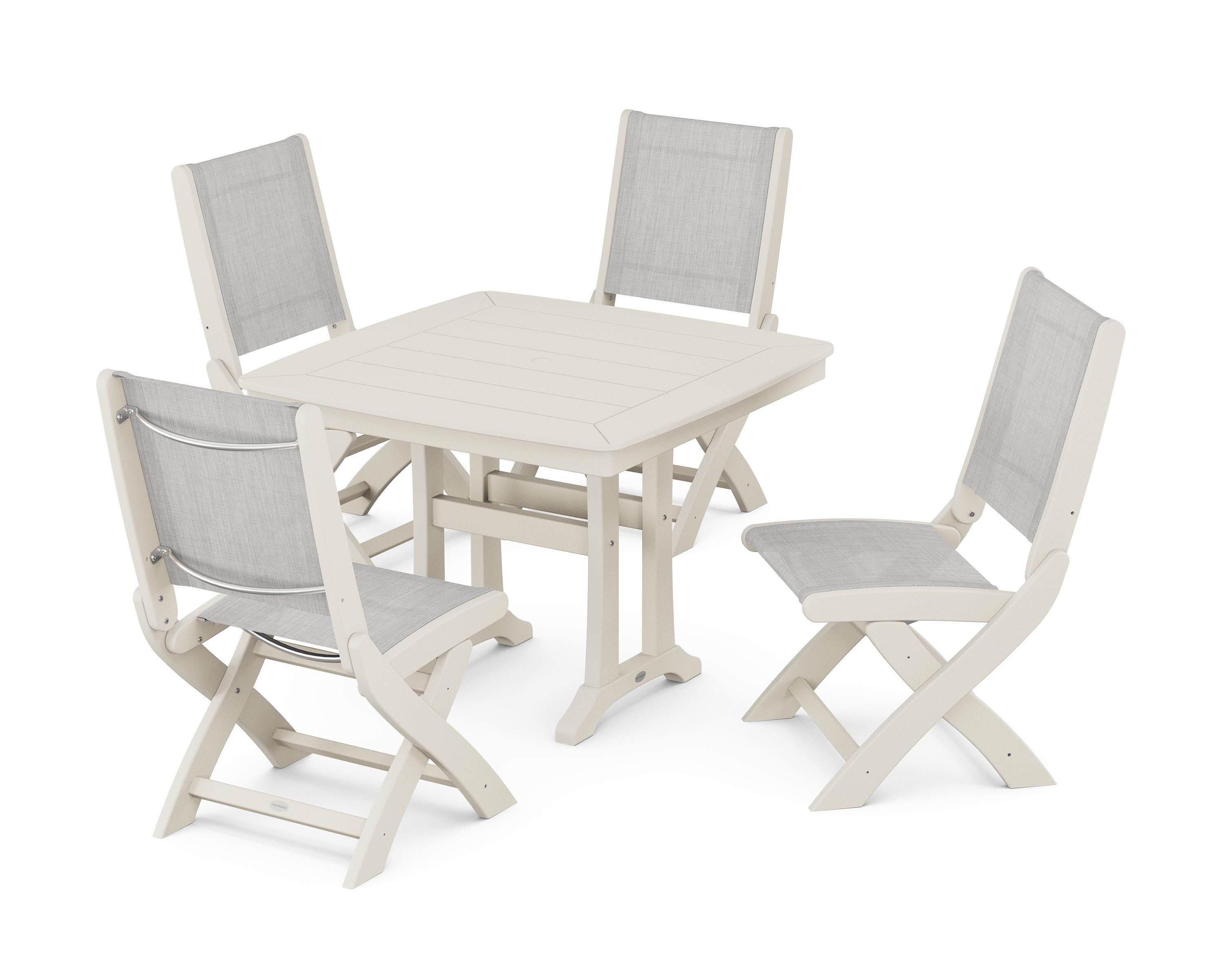 POLYWOOD Coastal Folding Side Chair 5-Piece Dining Set with Trestle Legs in Sand / Parchment Sling