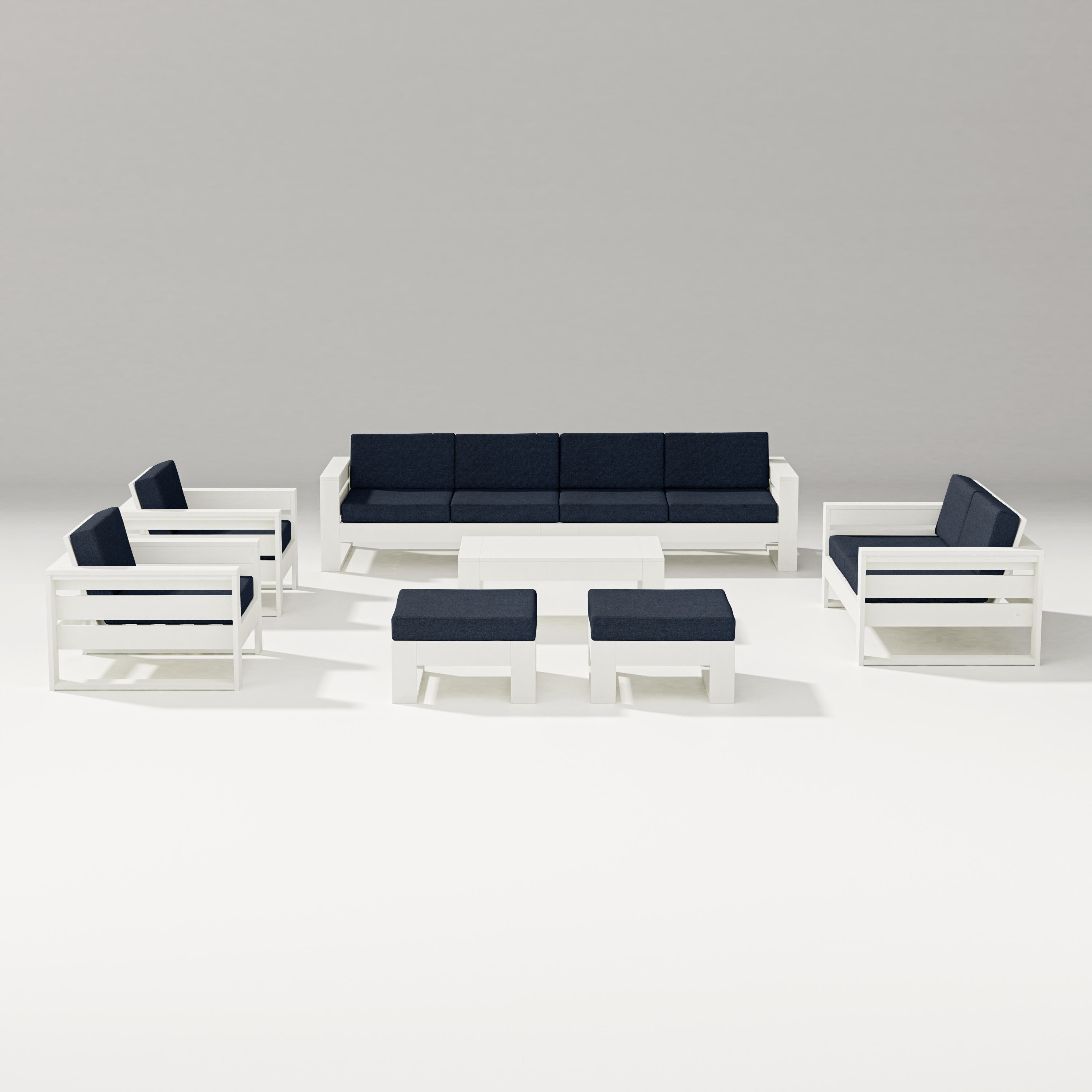 PW Designer Series Latitude 8-Piece Lounge Sofa Set in Vintage White / Marine Indigo