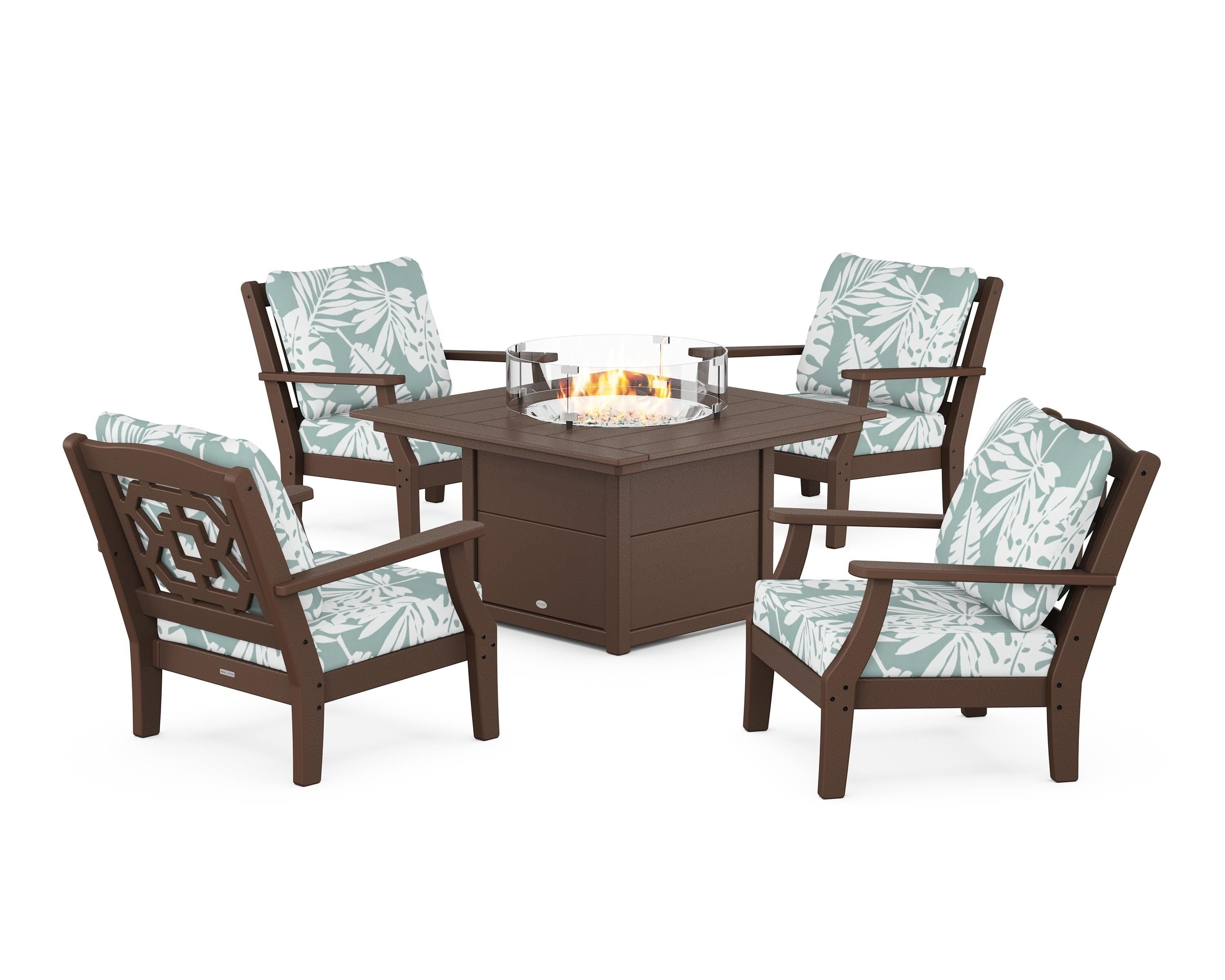 Martha Stewart by POLYWOOD Chinoiserie 5-Piece Deep Seating Set with Fire Pit Table in Mahogany / Leaf Glacier Spa