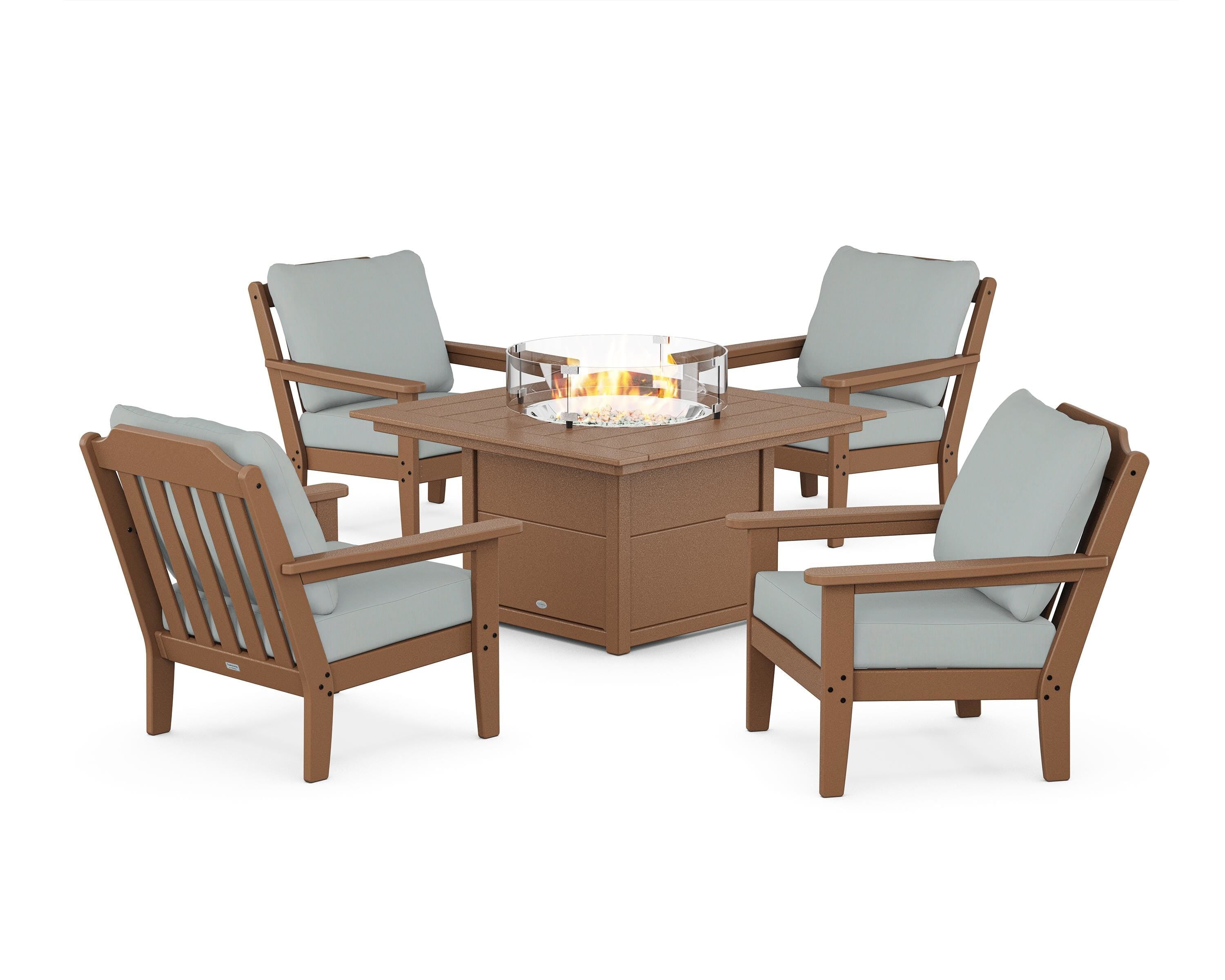 Country Living Cottage 5-Piece Deep Seating Set with Fire Pit Table in Teak / Spa