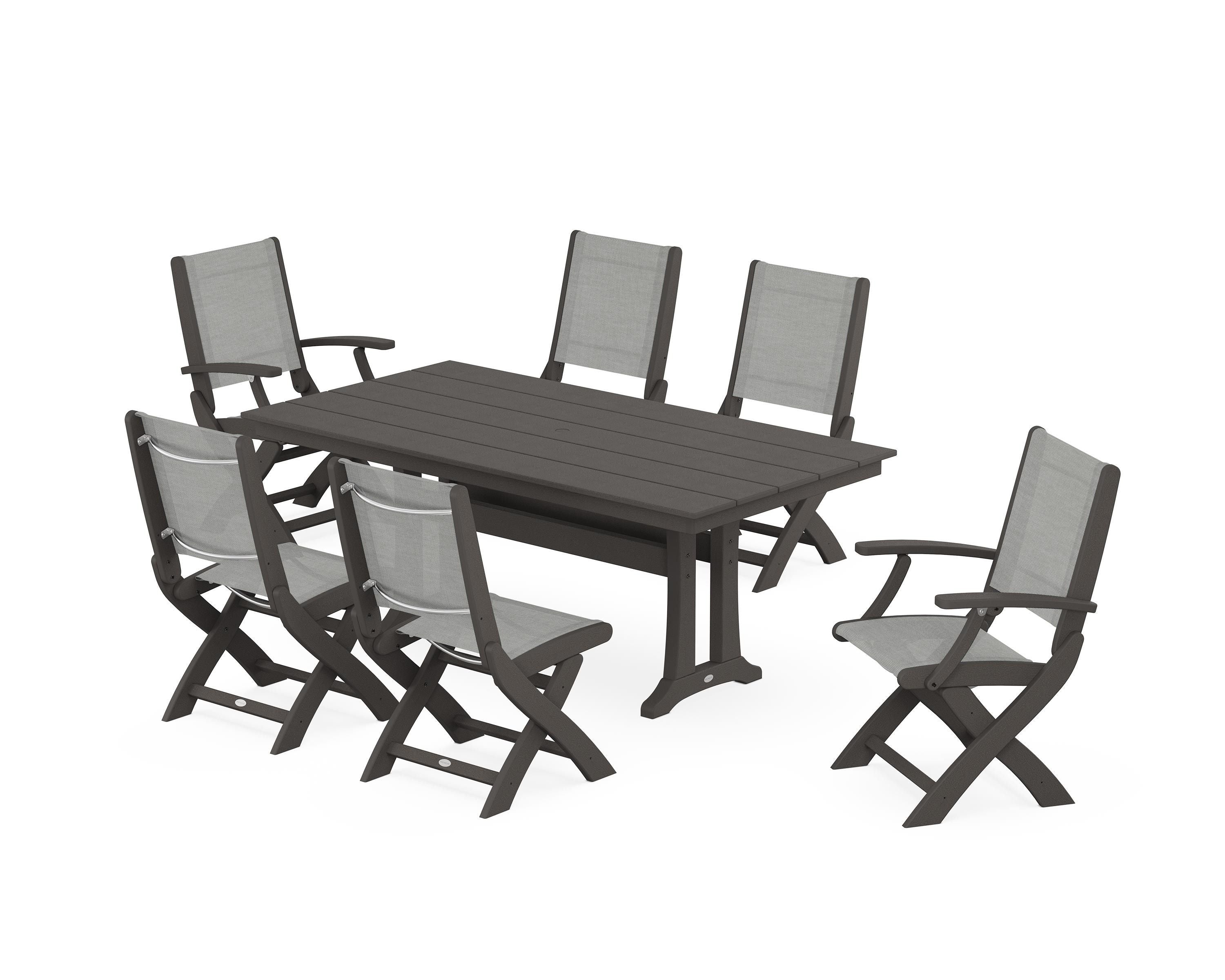 POLYWOOD Coastal Folding Chair 7-Piece Farmhouse Dining Set with Trestle Legs in Vintage Coffee / Metallic Sling