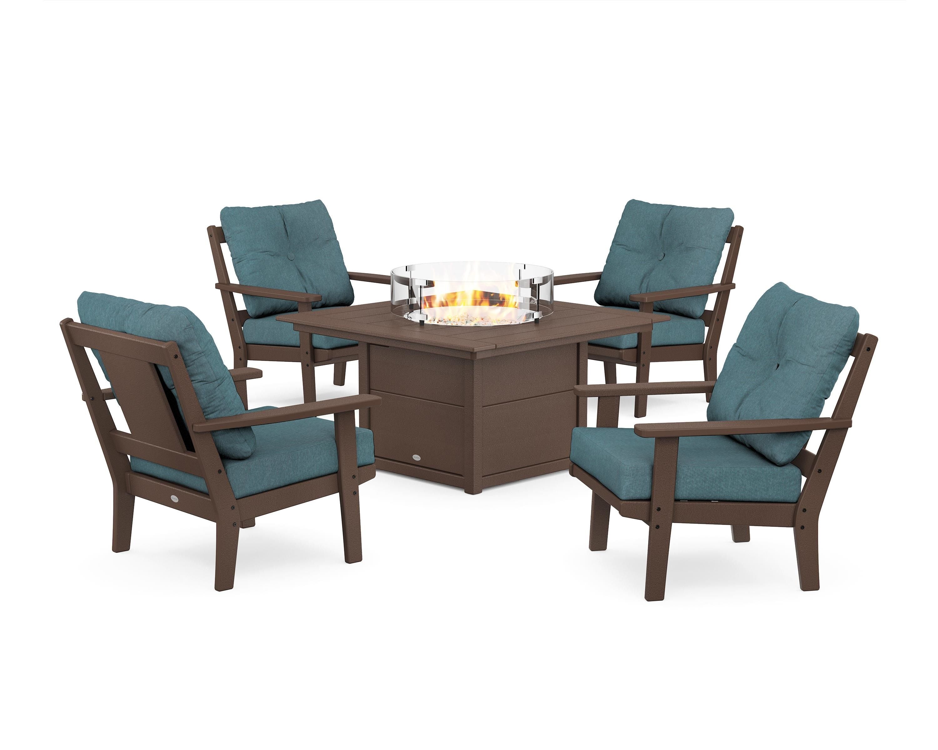 POLYWOOD Prairie 5-Piece Deep Seating Set with Fire Pit Table in Mahogany / Ocean Teal