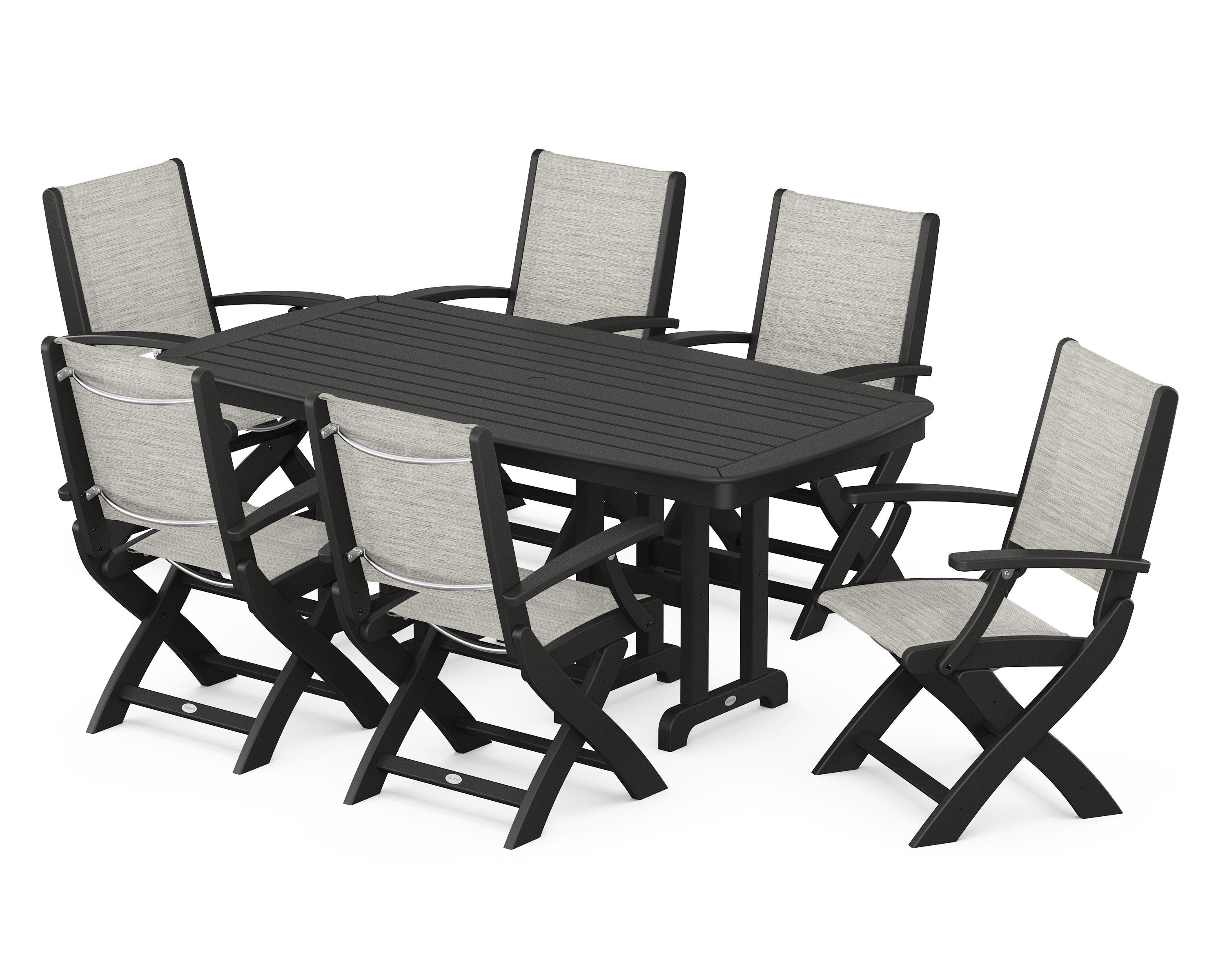 POLYWOOD Coastal Folding Arm Chair 7-Piece Dining Set in Black / Birch Sling