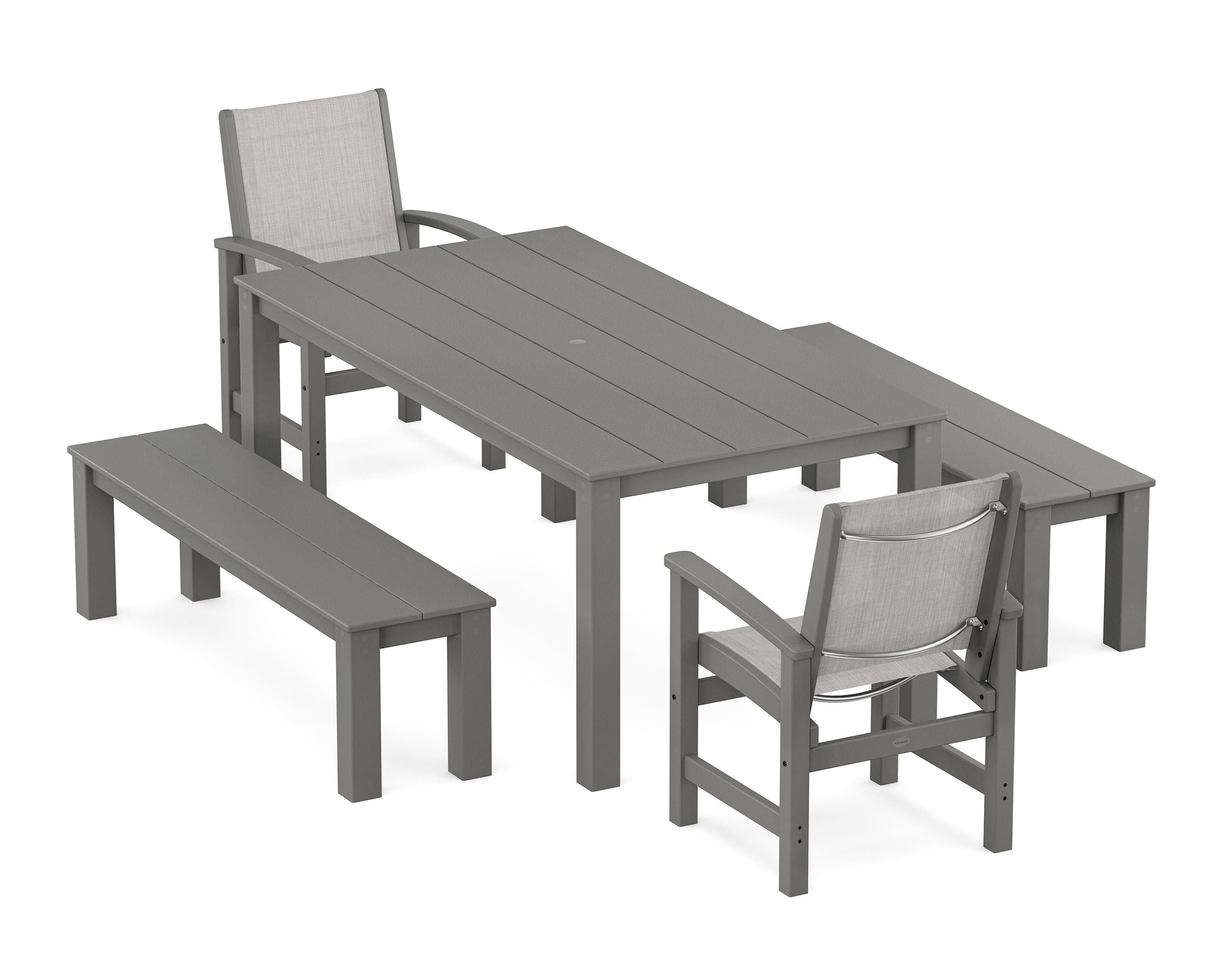POLYWOOD Coastal 5-Piece Parsons Dining Set with Benches in White / Dupioni Sea Mist Sling