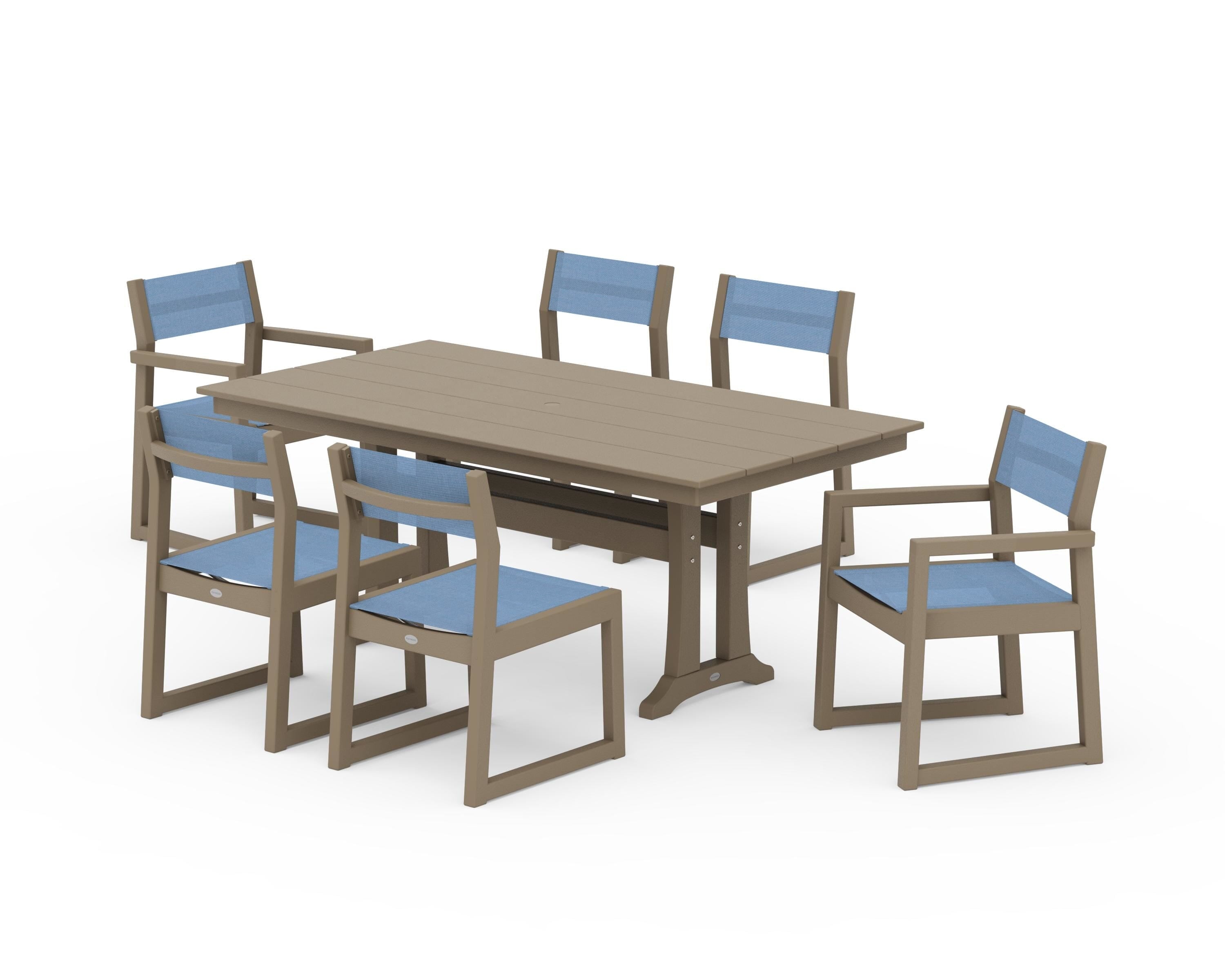 POLYWOOD EDGE Sling 7-Piece Farmhouse Trestle Dining Set in Vintage Sahara / Poolside Sling
