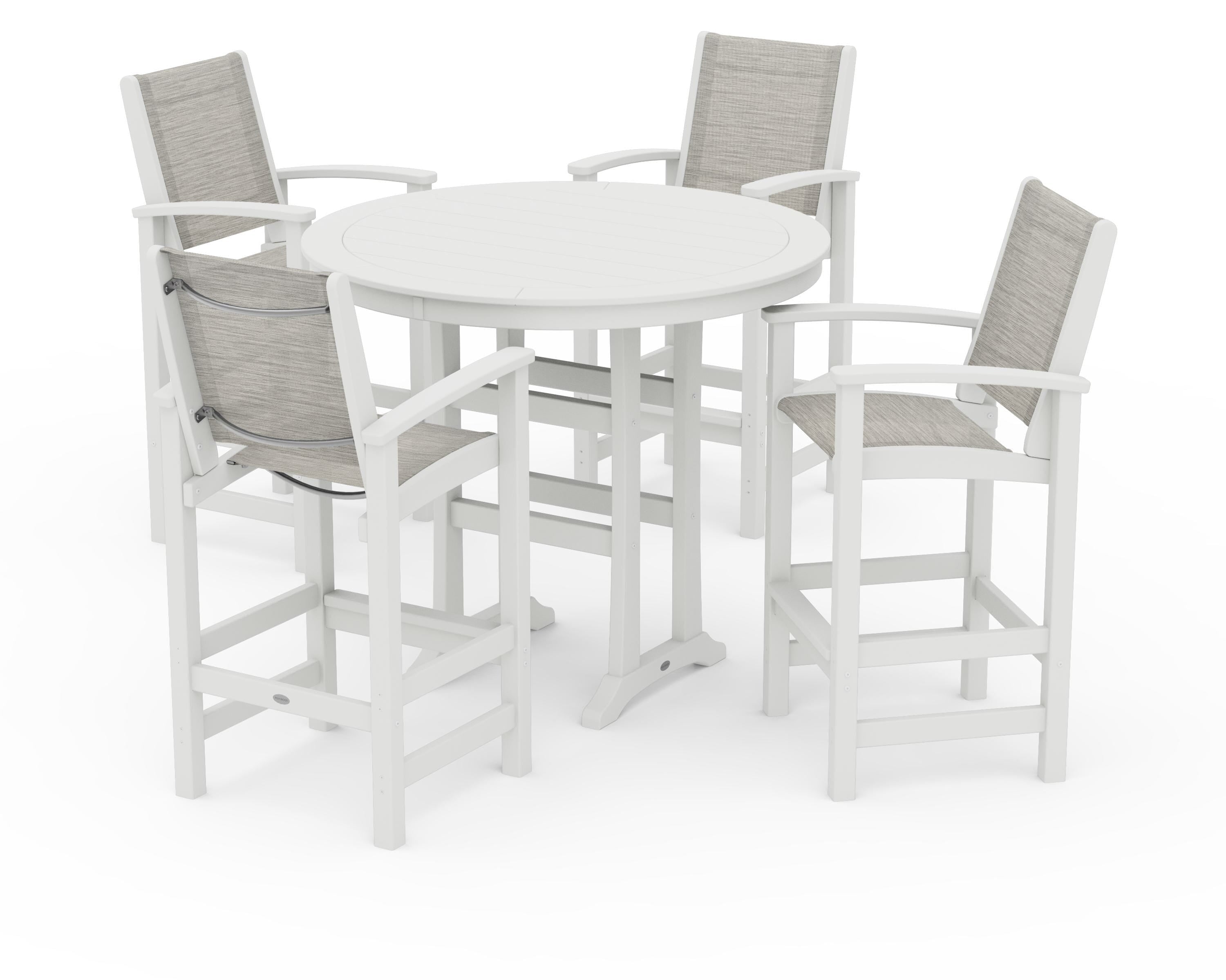 POLYWOOD Coastal 5-Piece Nautical Trestle Bar Set in Vintage White / Birch Sling