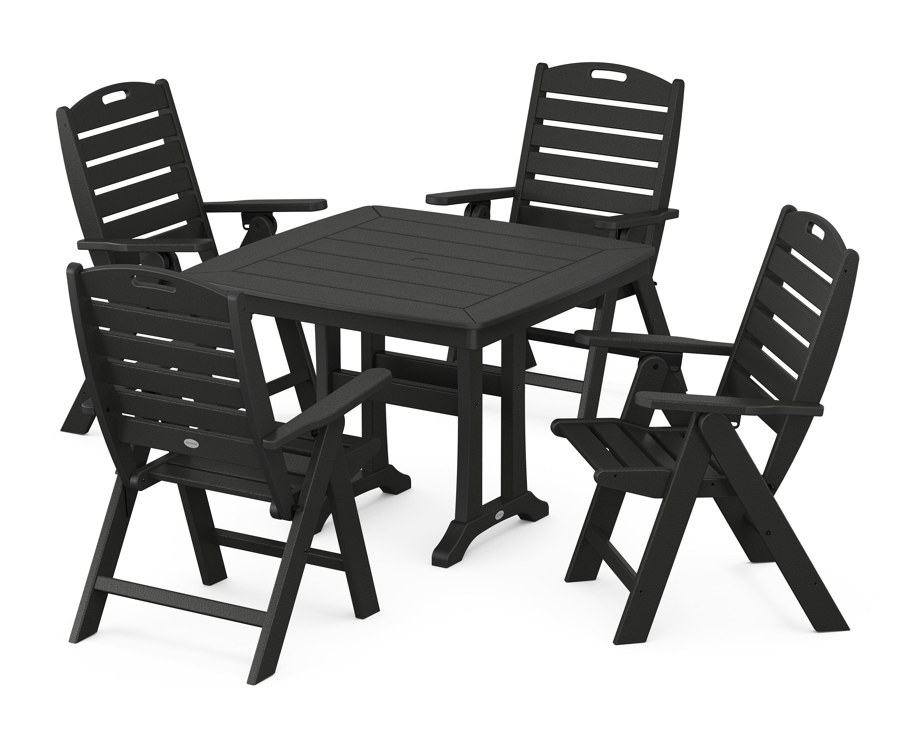 POLYWOOD Nautical Folding Highback Chair 5-Piece Dining Set with Trestle Legs in Black