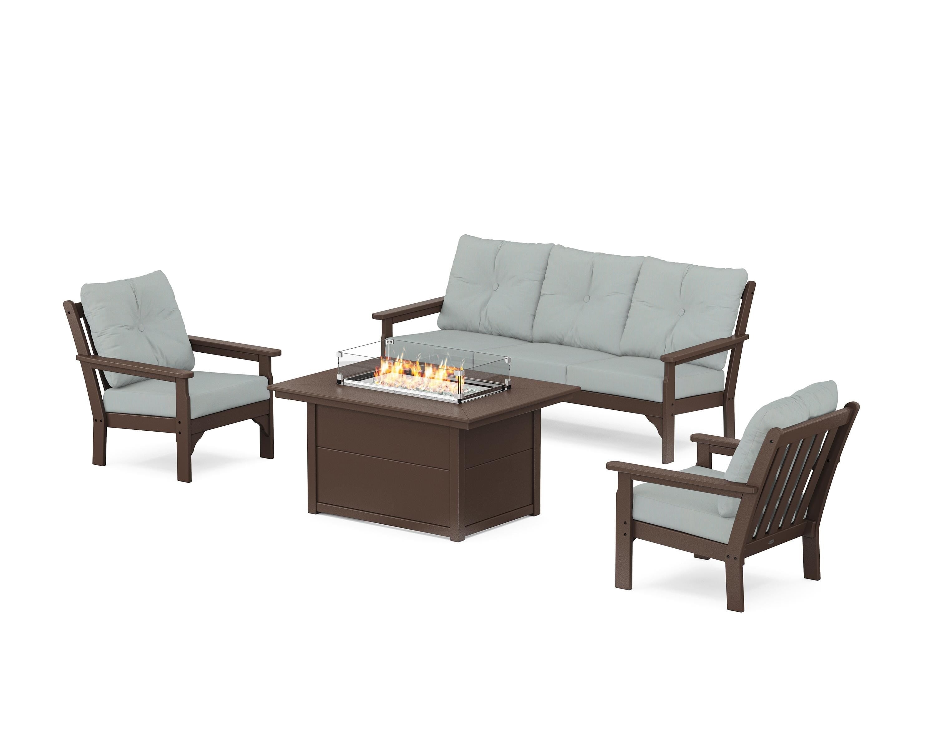 POLYWOOD Vineyard Deep Seating Fire Pit Table Set in Mahogany / Spa