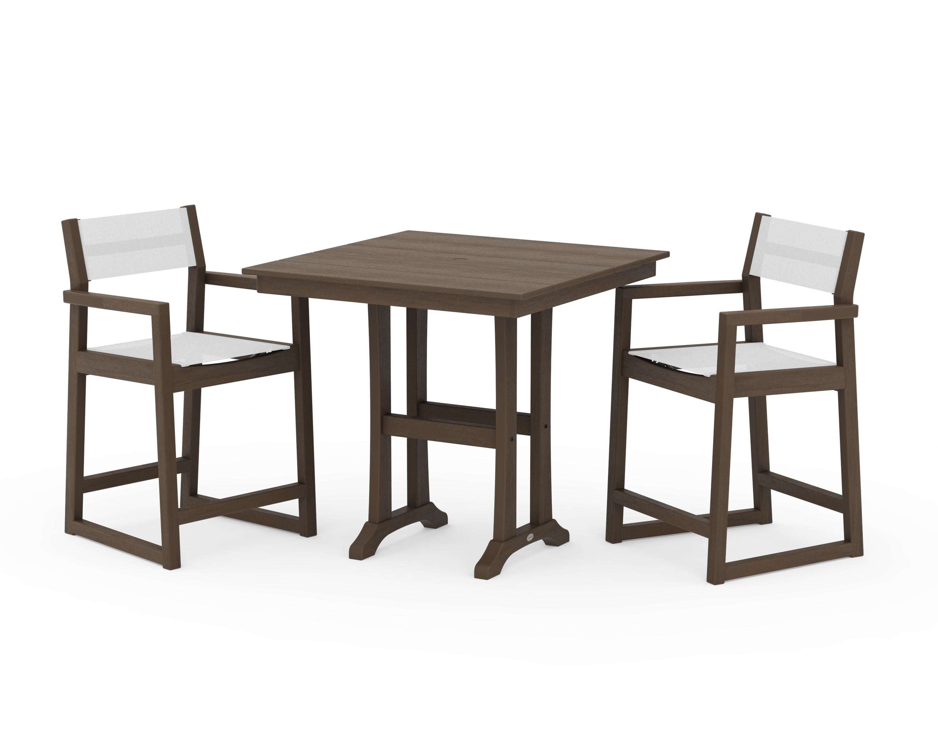 POLYWOOD EDGE Sling Arm Chair 3-Piece Farmhouse Counter Set with Trestle Legs in Kona / White Sling