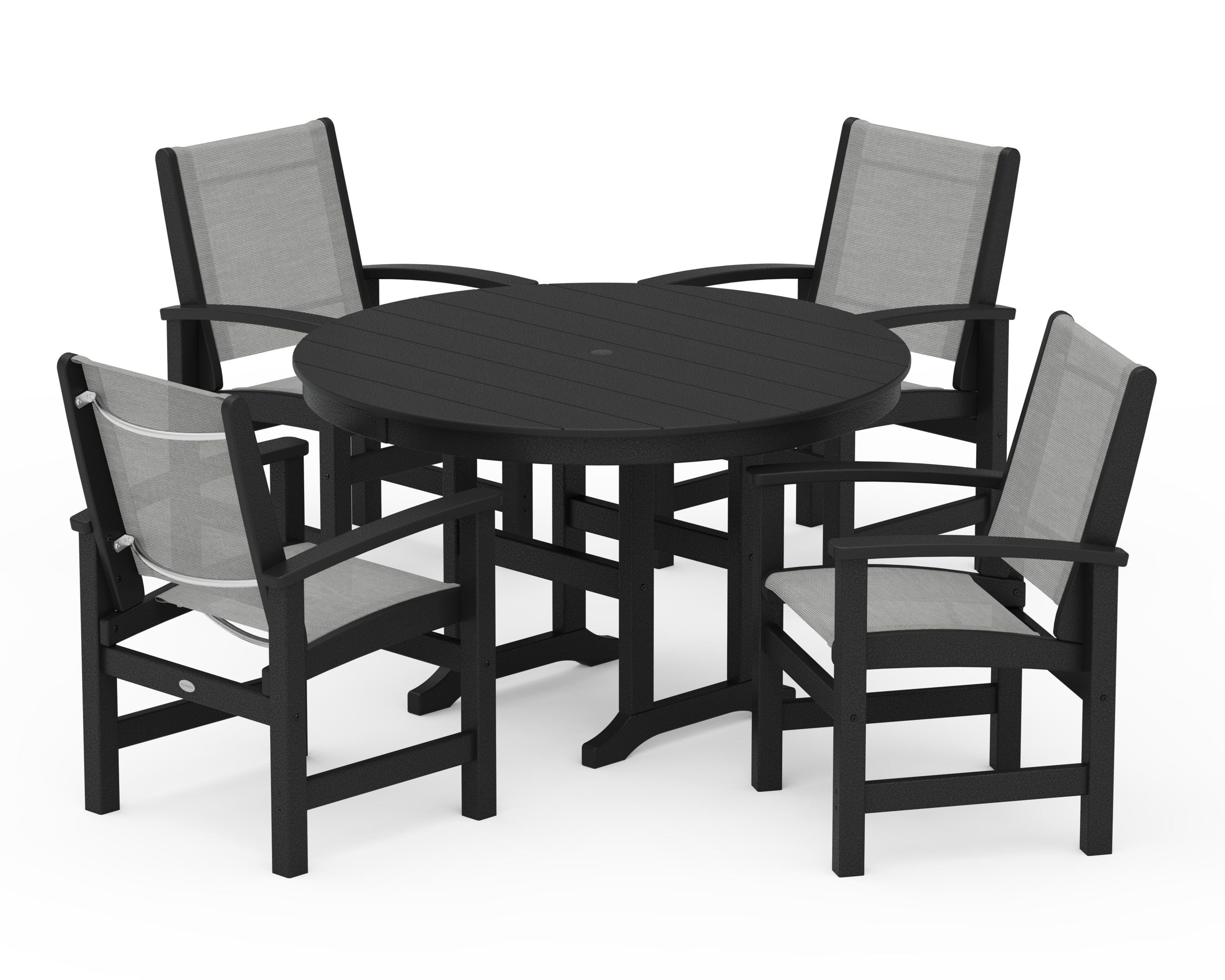 POLYWOOD Coastal 5-Piece Round Farmhouse Dining Set in Black / Metallic Sling