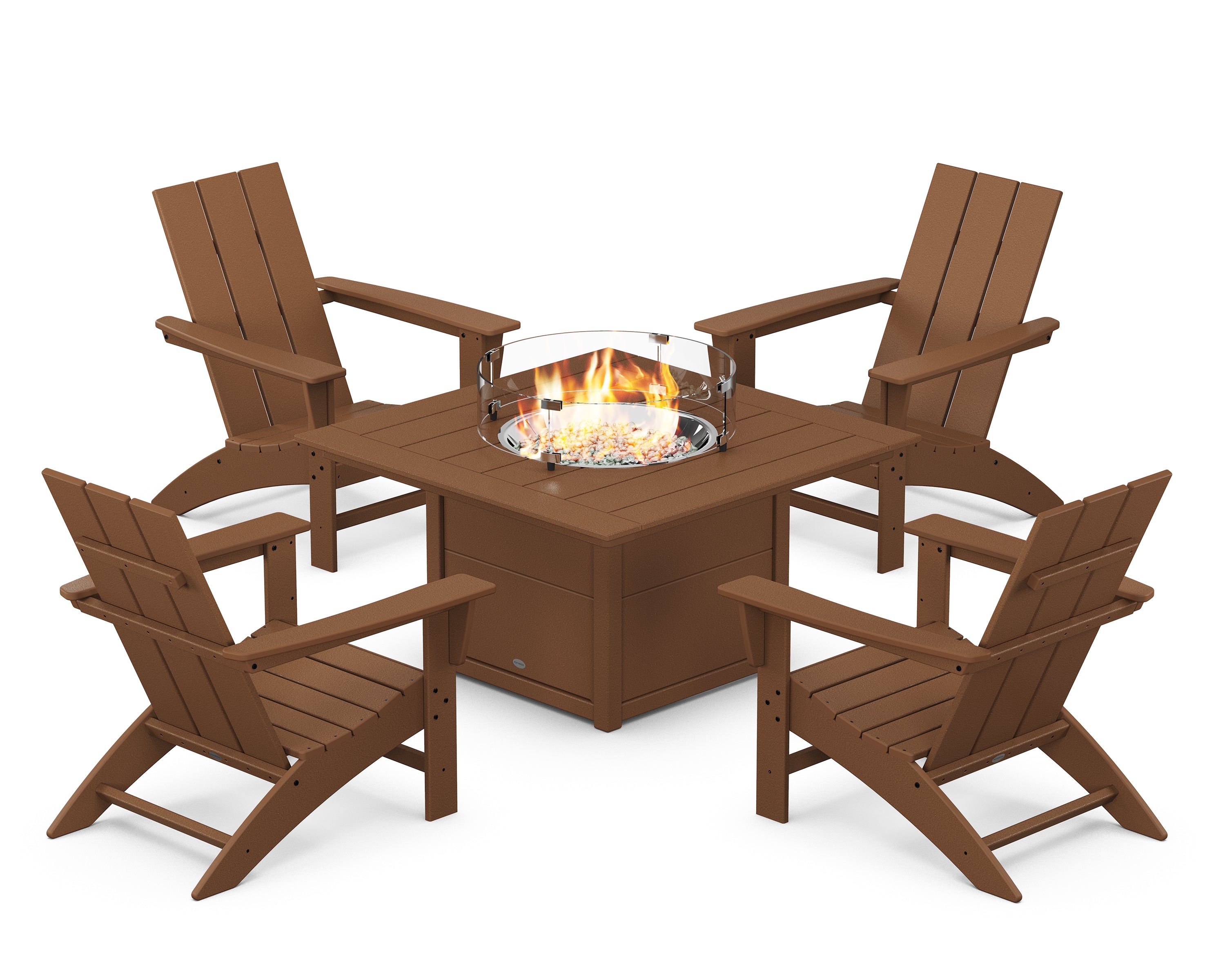 POLYWOOD Modern 5-Piece Adirondack Chair Conversation Set with Fire Pit Table in Teak
