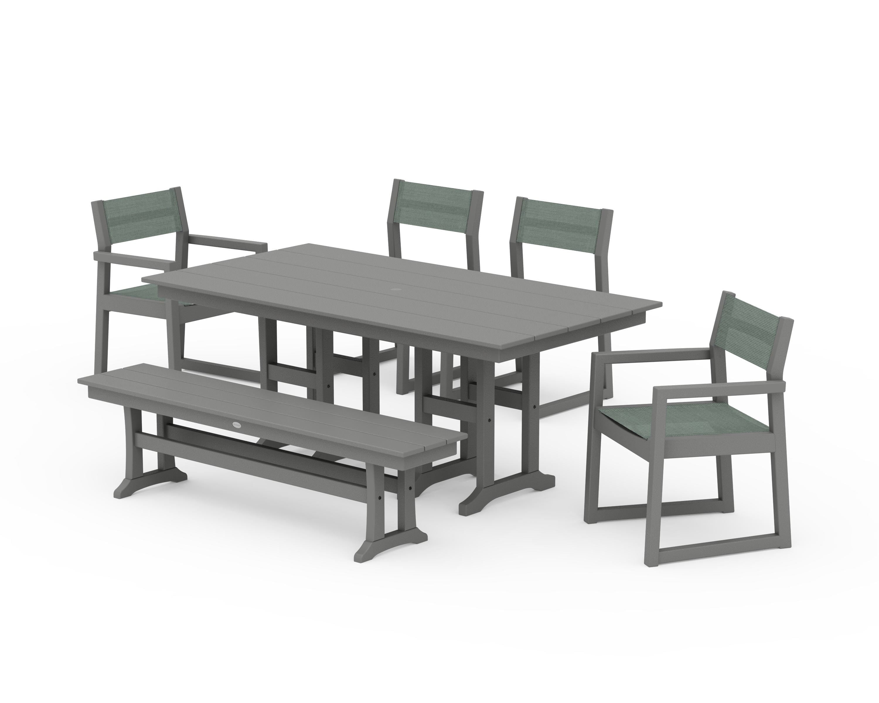 POLYWOOD EDGE Sling 6-Piece Farmhouse Dining Set in Slate Grey / Dupioni Sea Mist Sling