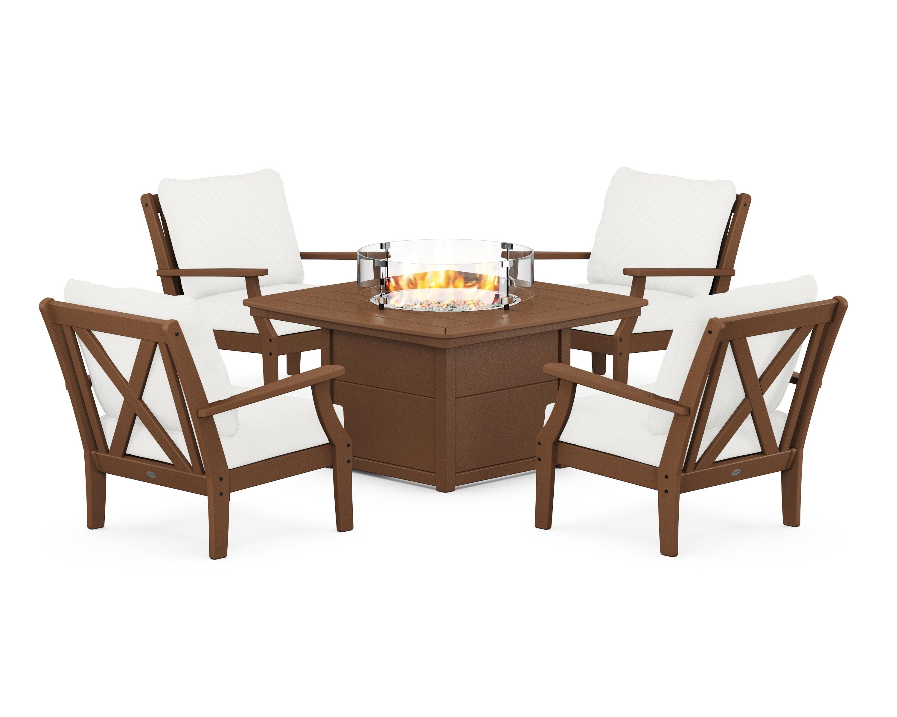 POLYWOOD Braxton 5-Piece Deep Seating Conversation Set with Fire Pit Table in Teak / Natural Linen