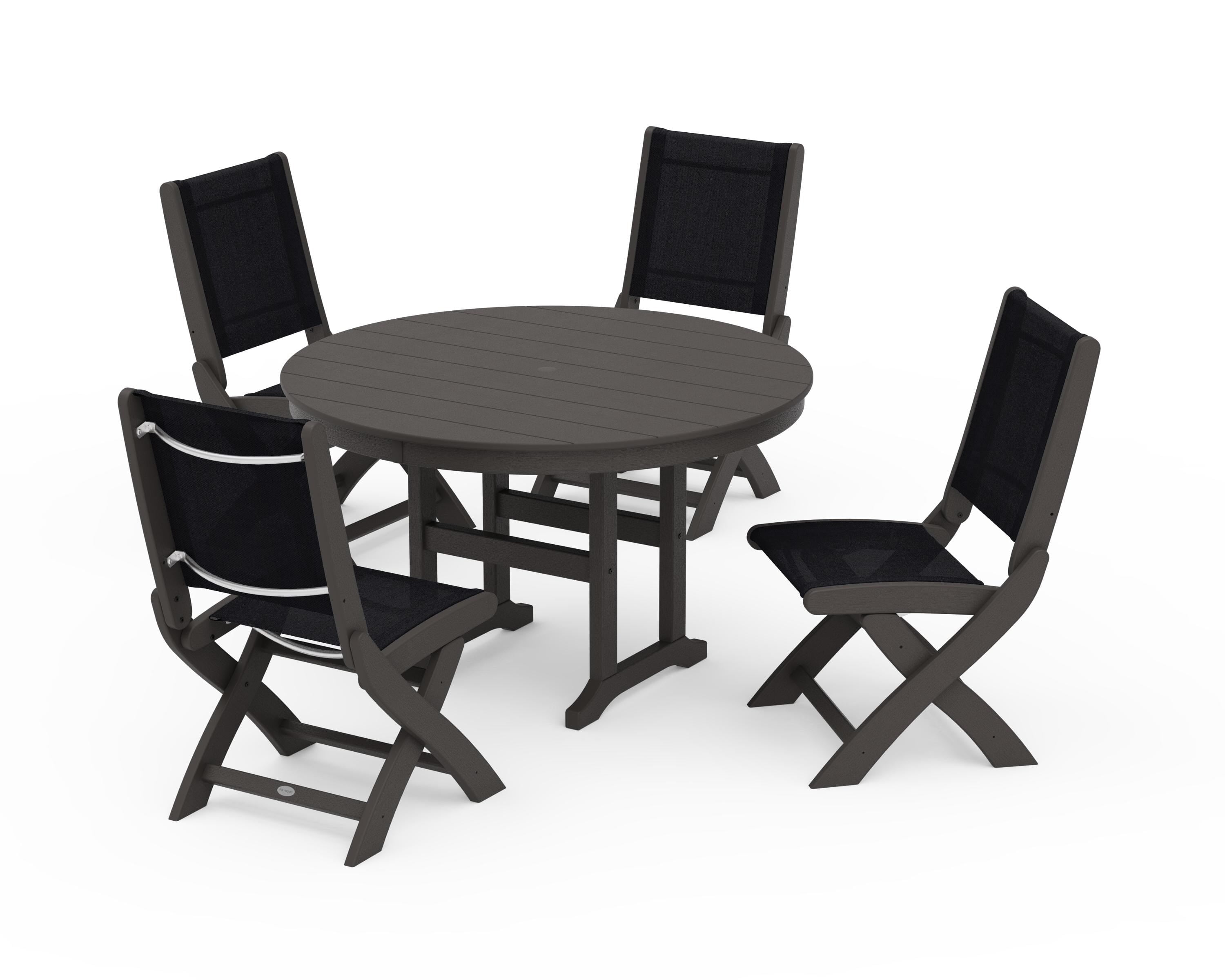 POLYWOOD Coastal Folding Side Chair 5-Piece Round Dining Set in Vintage Coffee / Black Sling