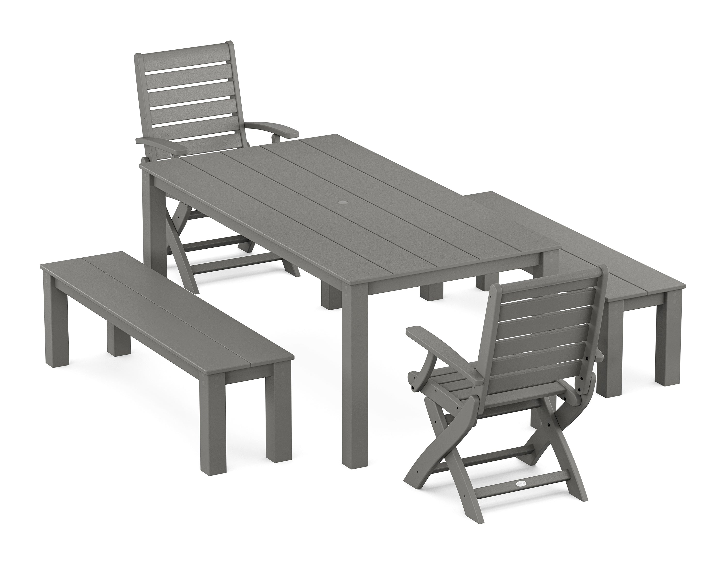 POLYWOOD Signature Folding Chair 5-Piece Parsons Dining Set with Benches in Slate Grey