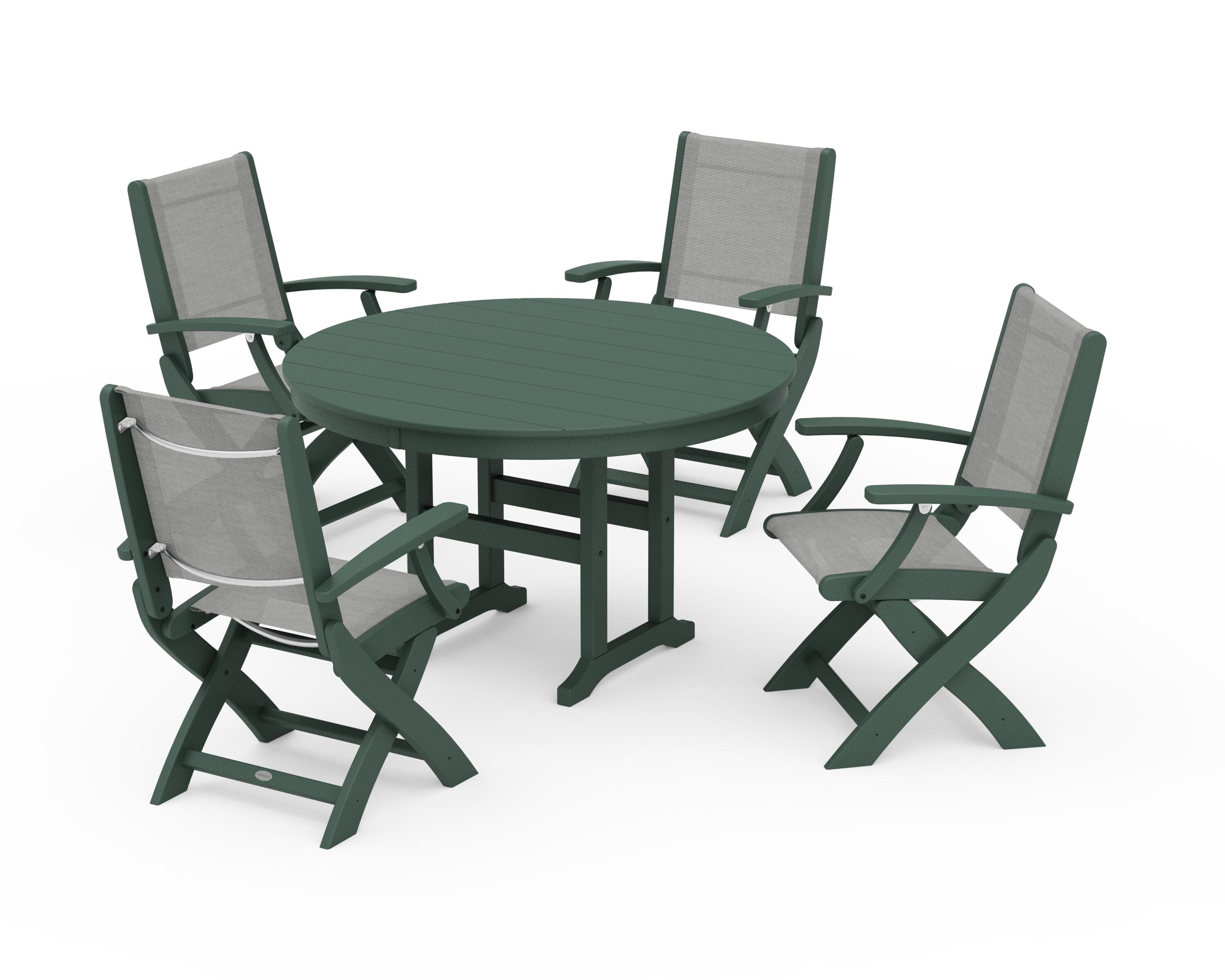POLYWOOD Coastal Folding Chair 5-Piece Round Dining Set in Green / Metallic Sling