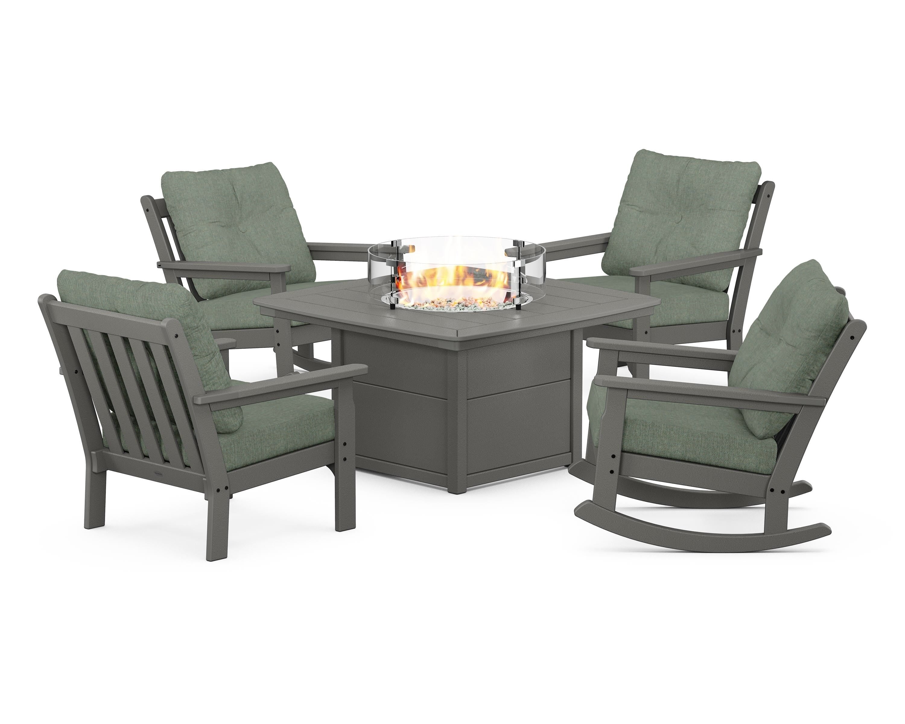 POLYWOOD Vineyard 5-Piece Deep Seating Rocking Chair Conversation Set with Fire Pit Table in Slate Grey / Cast Sage