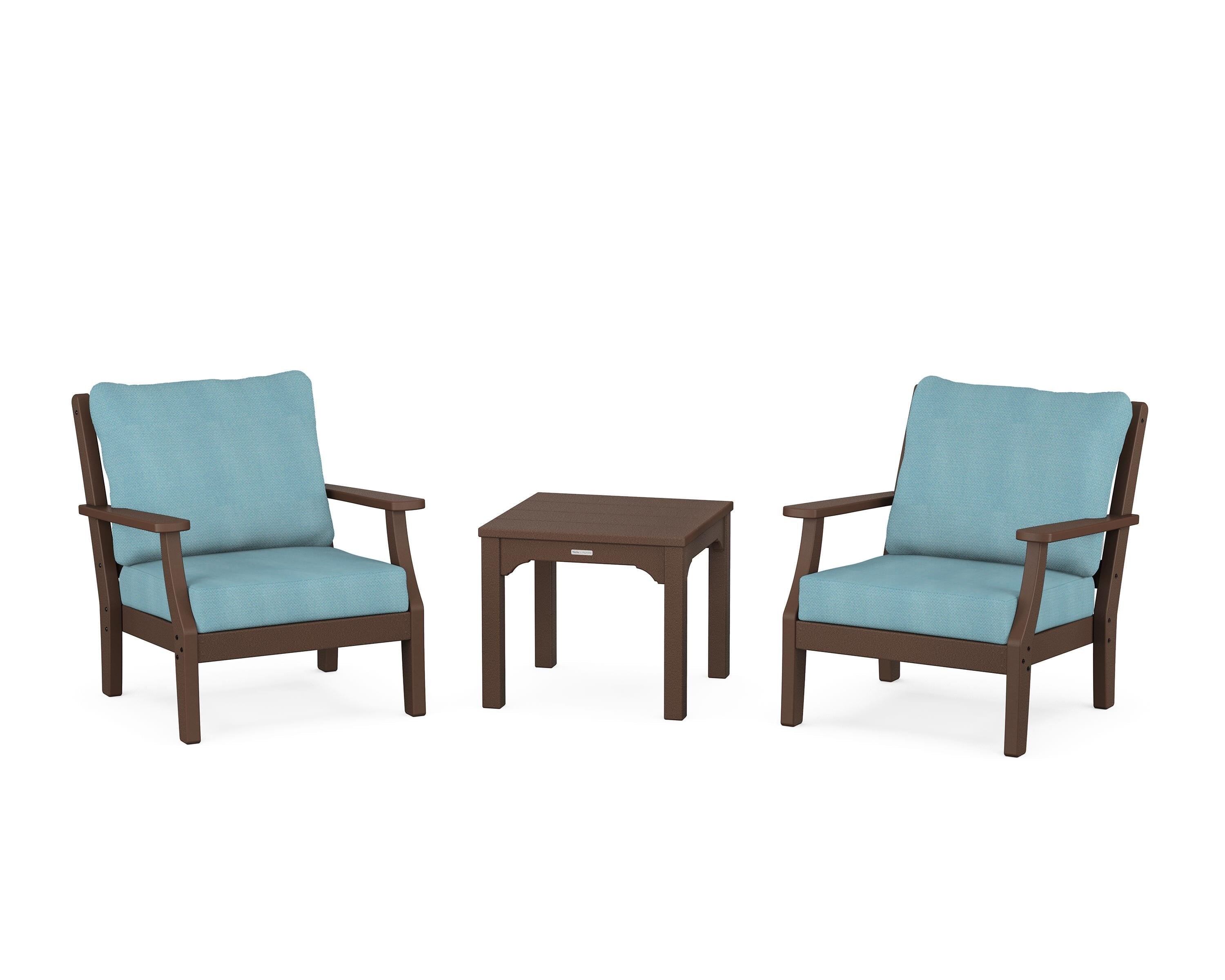 Martha Stewart by POLYWOOD Chinoiserie 3-Piece Deep Seating Set in Mahogany / Lattice Sky Blue