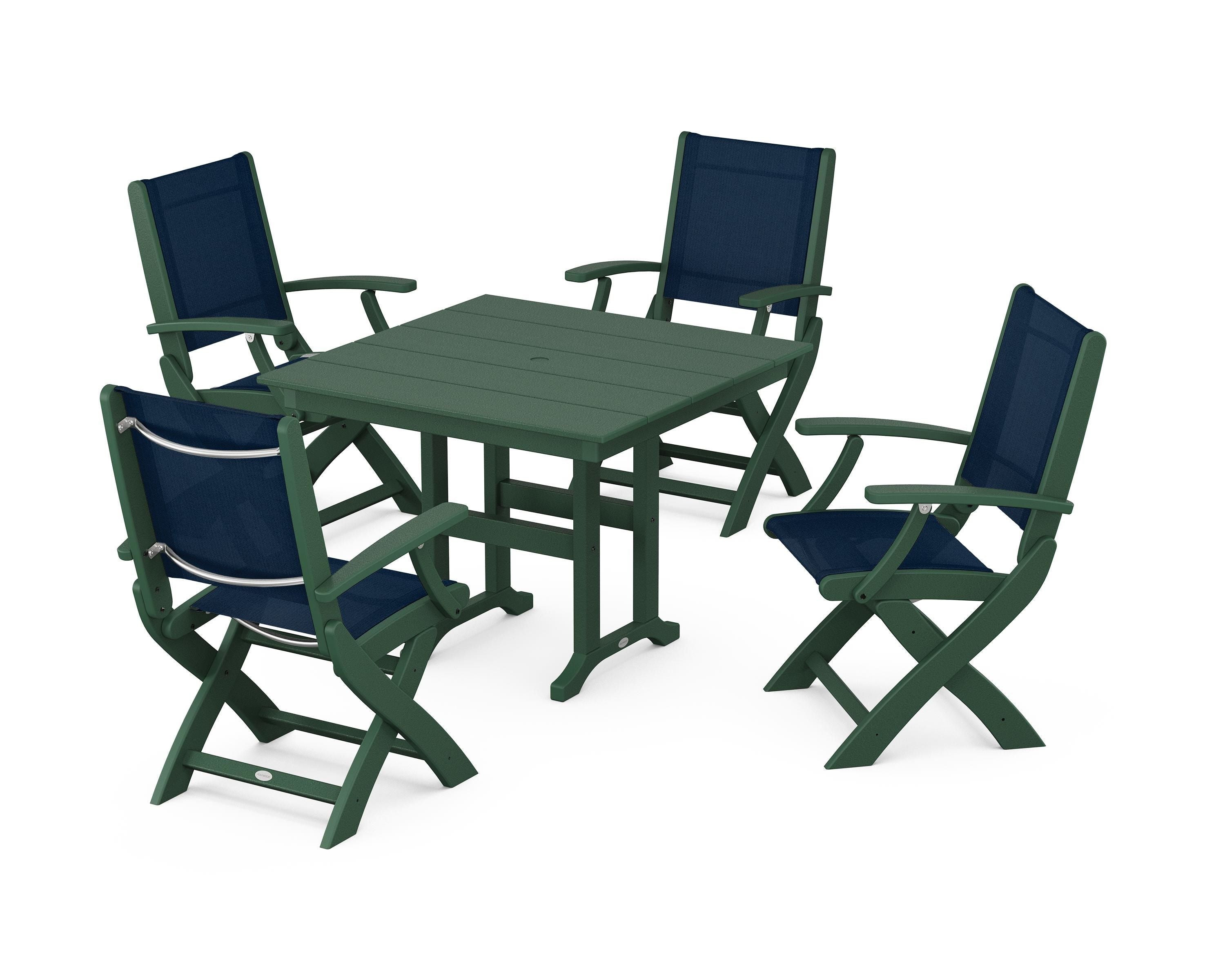 POLYWOOD Coastal Folding Chair 5-Piece Farmhouse Dining Set in Green / Navy Blue Sling