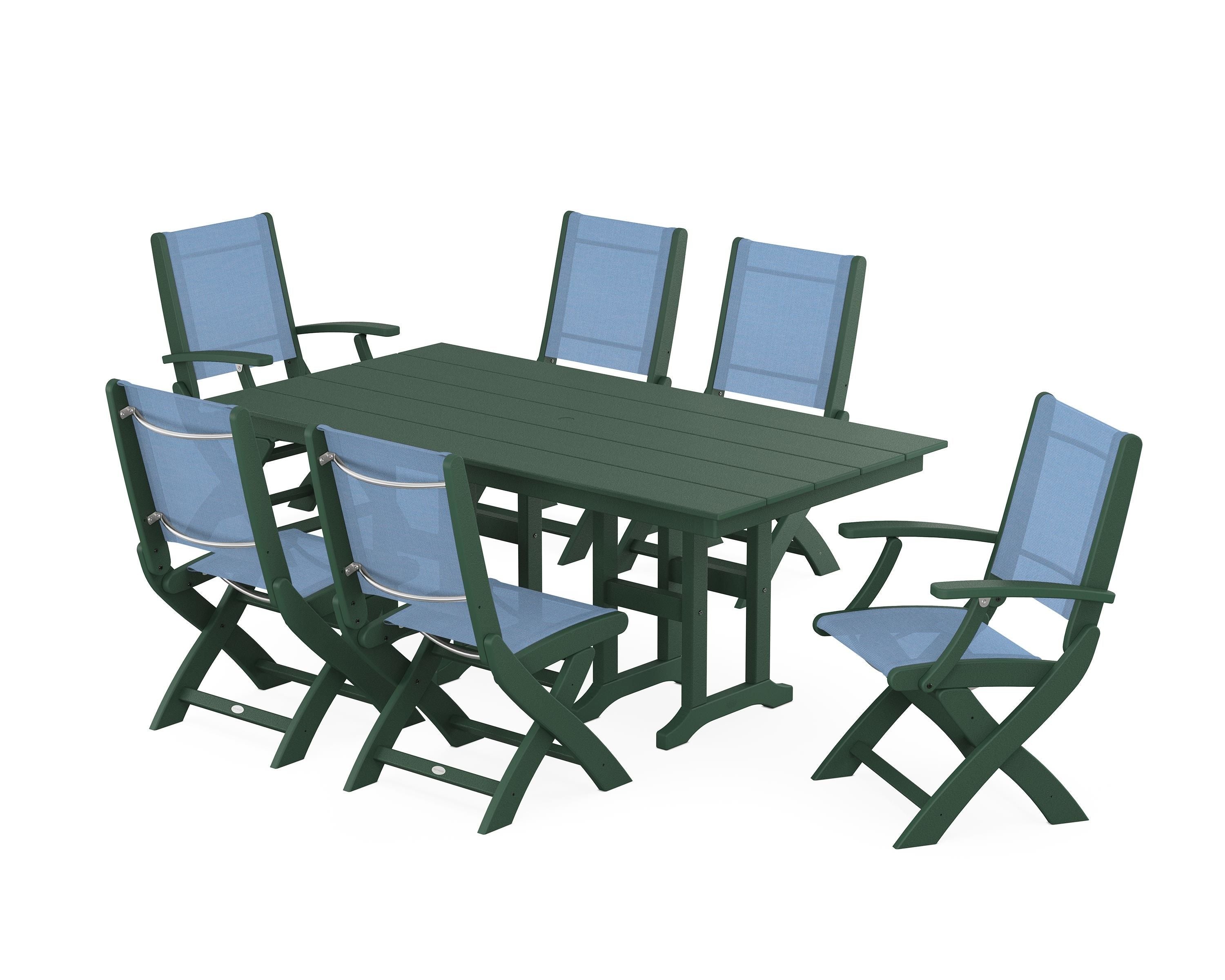 POLYWOOD Coastal Folding Chair 7-Piece Farmhouse Dining Set in Green / Poolside Sling
