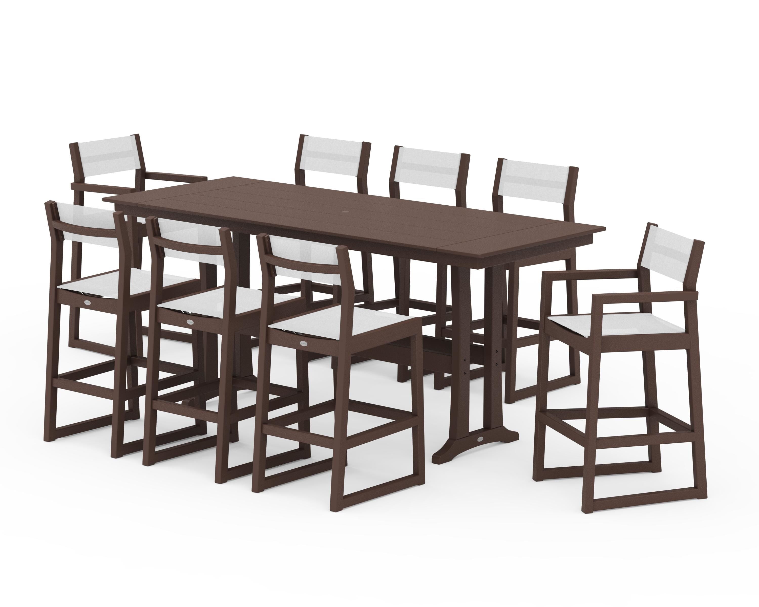 POLYWOOD EDGE Sling 9-Piece Farmhouse Bar Set with Trestle Legs in Mahogany / White Sling