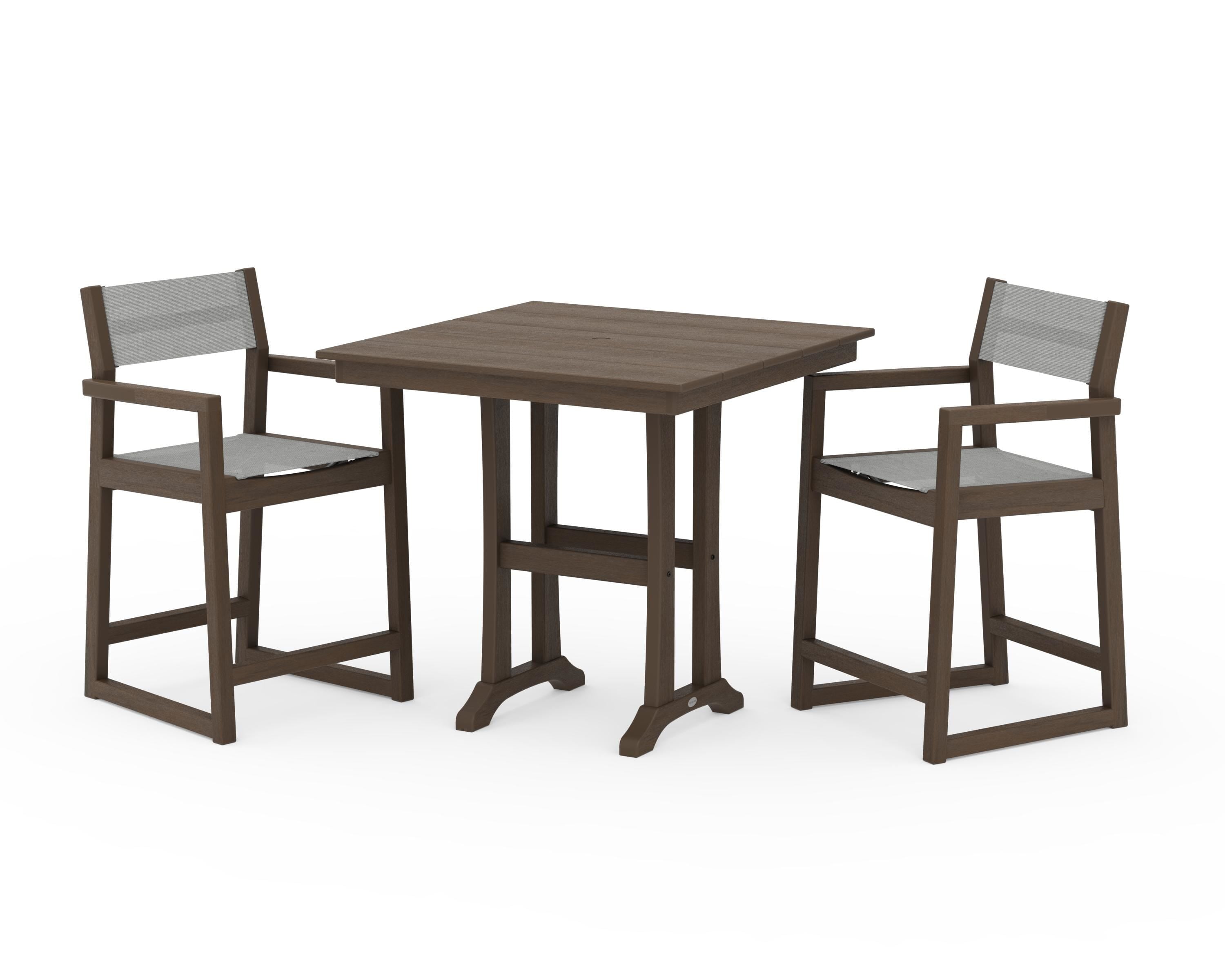 POLYWOOD EDGE Sling Arm Chair 3-Piece Farmhouse Counter Set with Trestle Legs in Kona / Metallic Sling