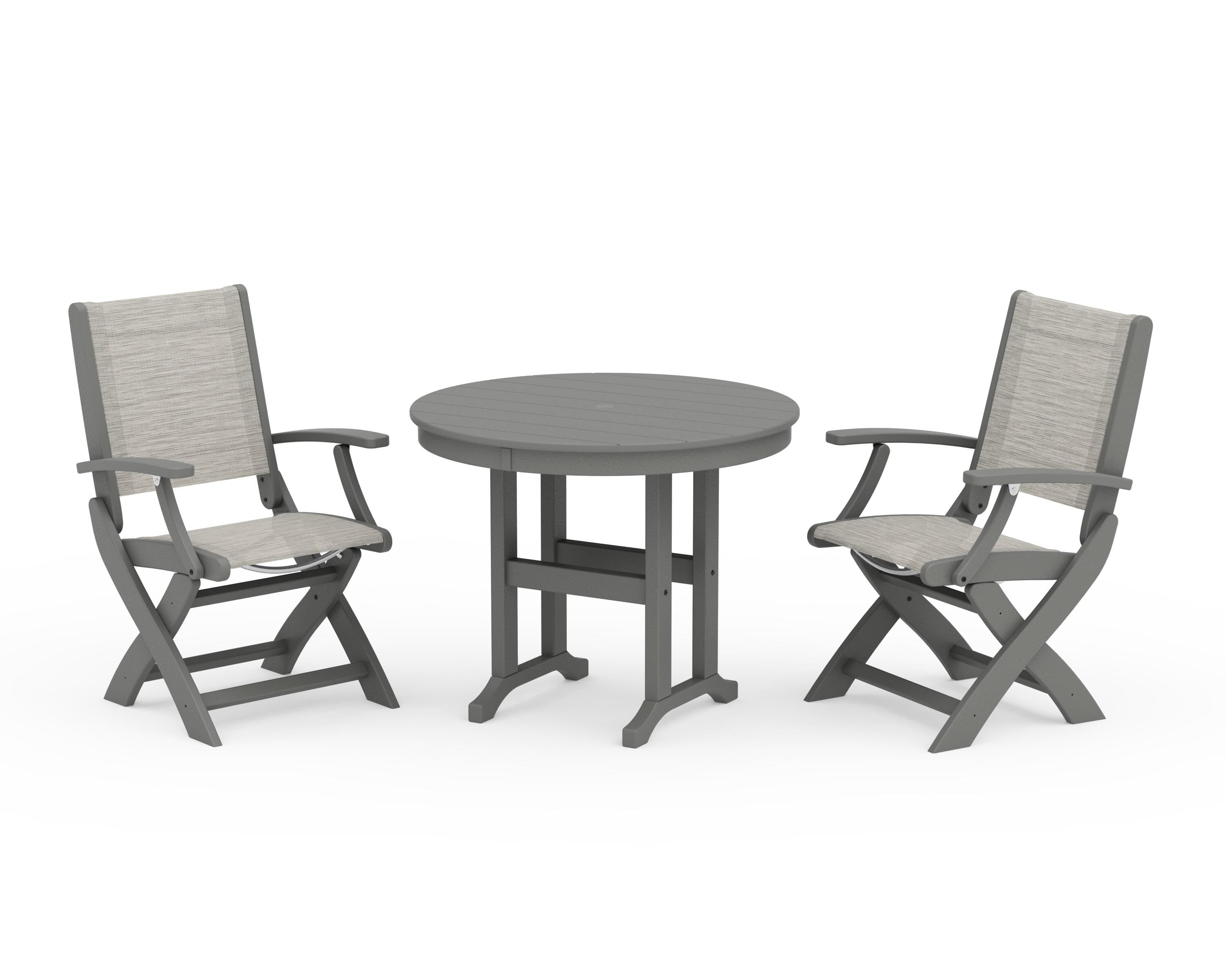 POLYWOOD Coastal Folding Chair 3-Piece Round Dining Set in Slate Grey / Birch Sling