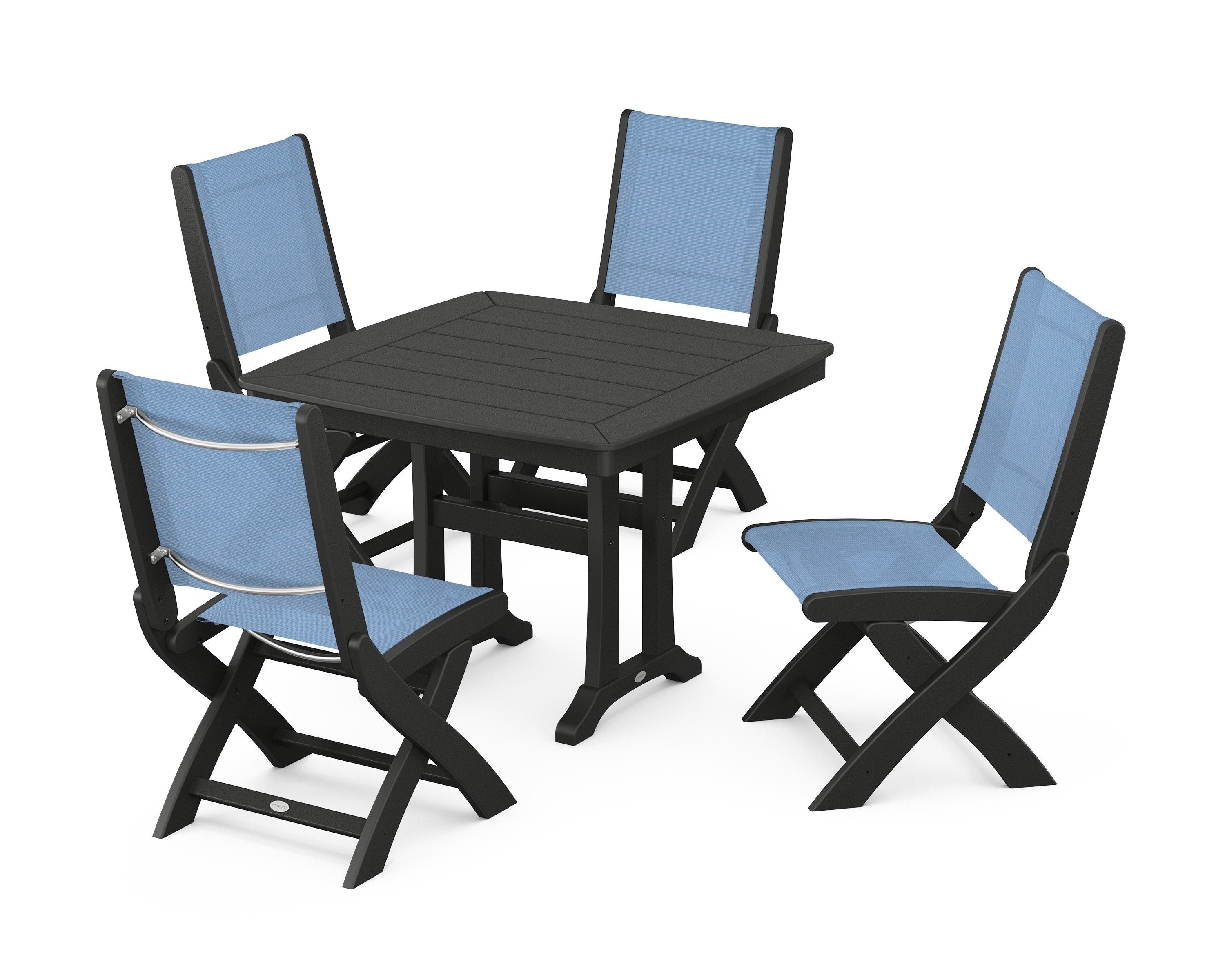 POLYWOOD Coastal Folding Side Chair 5-Piece Dining Set with Trestle Legs in Black / Poolside Sling