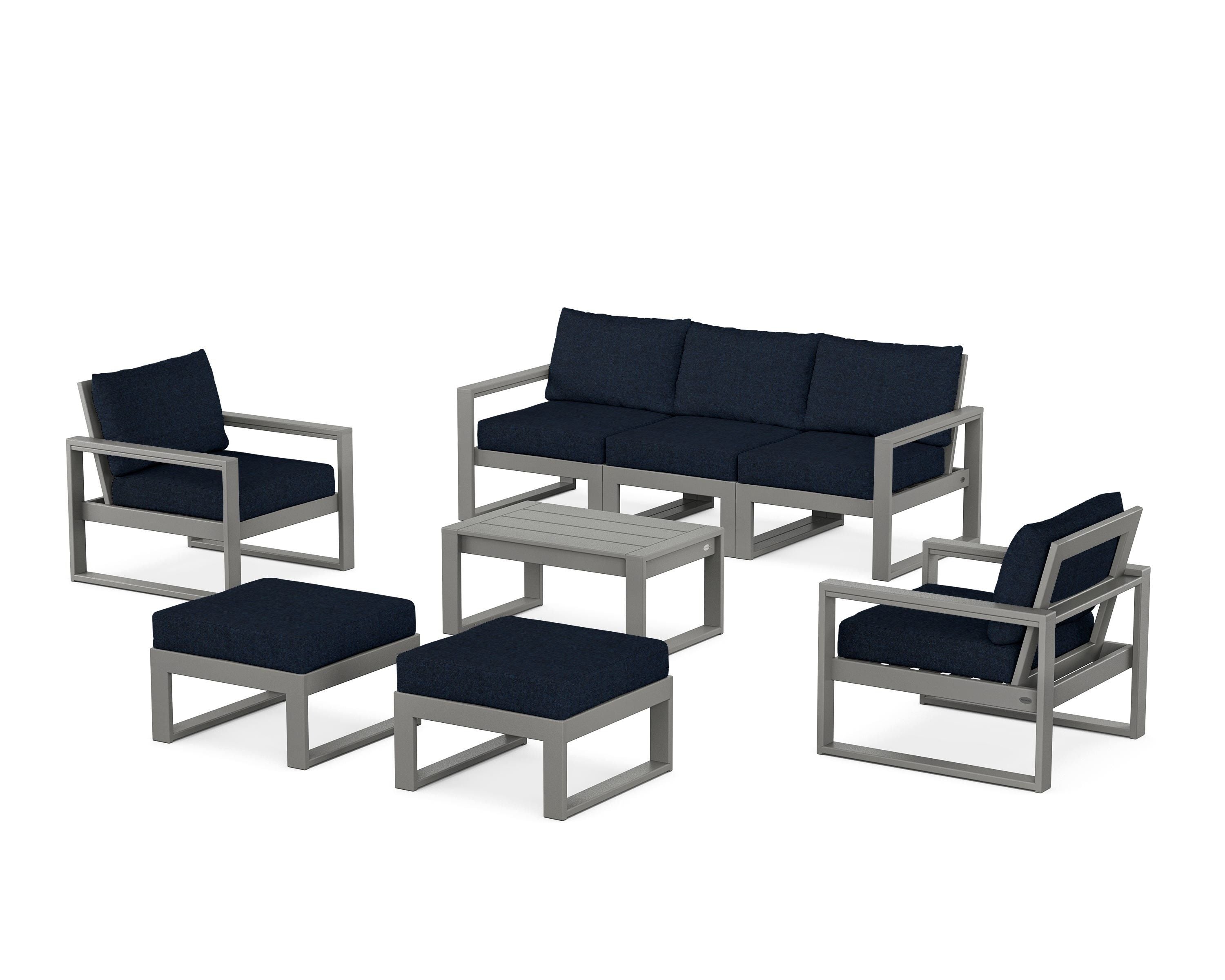 POLYWOOD EDGE Sectional 8-Piece Lounge Sofa Set in Slate Grey / Marine Indigo