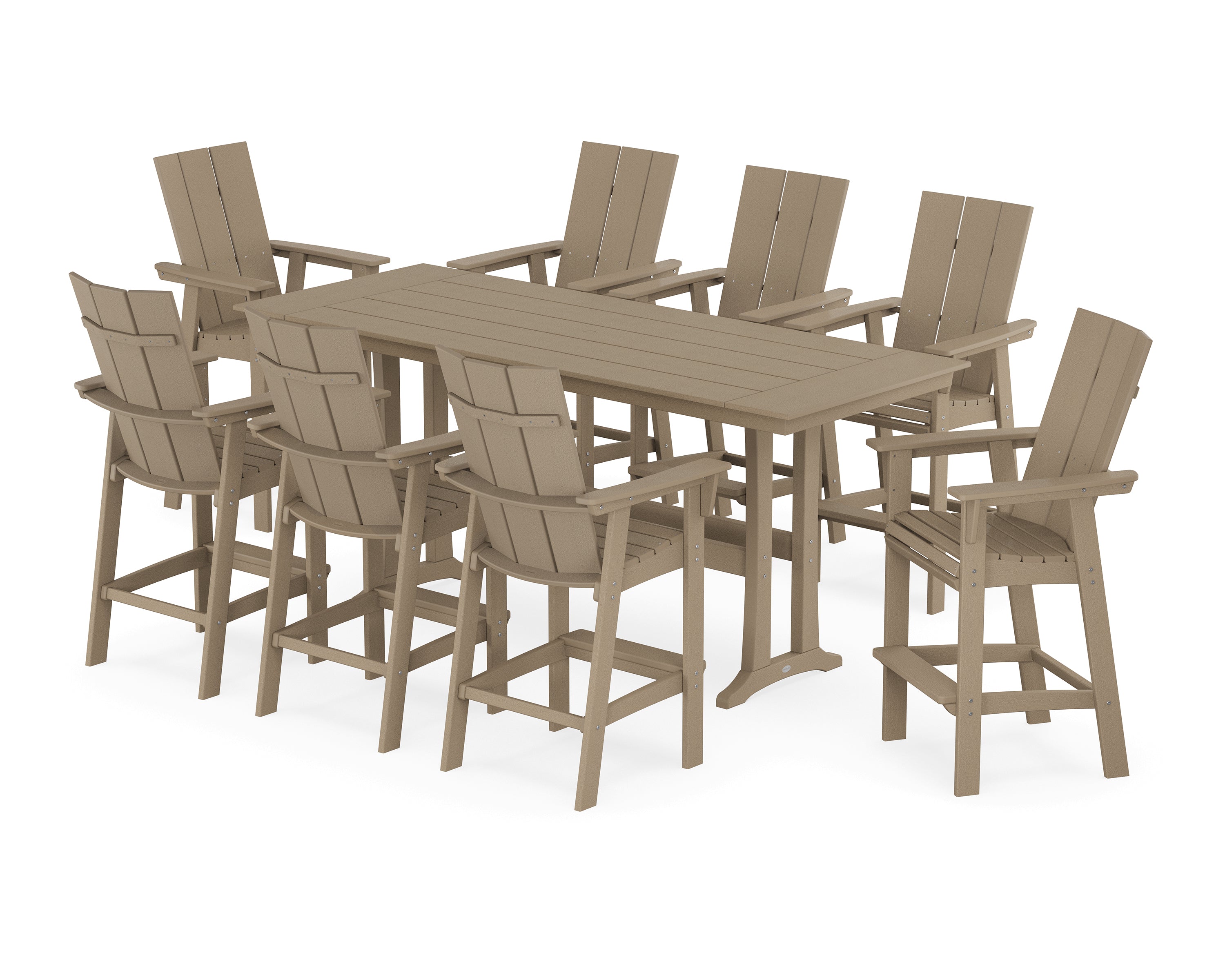 POLYWOOD® Modern Curveback Adirondack 9-Piece Farmhouse Bar Set with Trestle Legs in Vintage Sahara