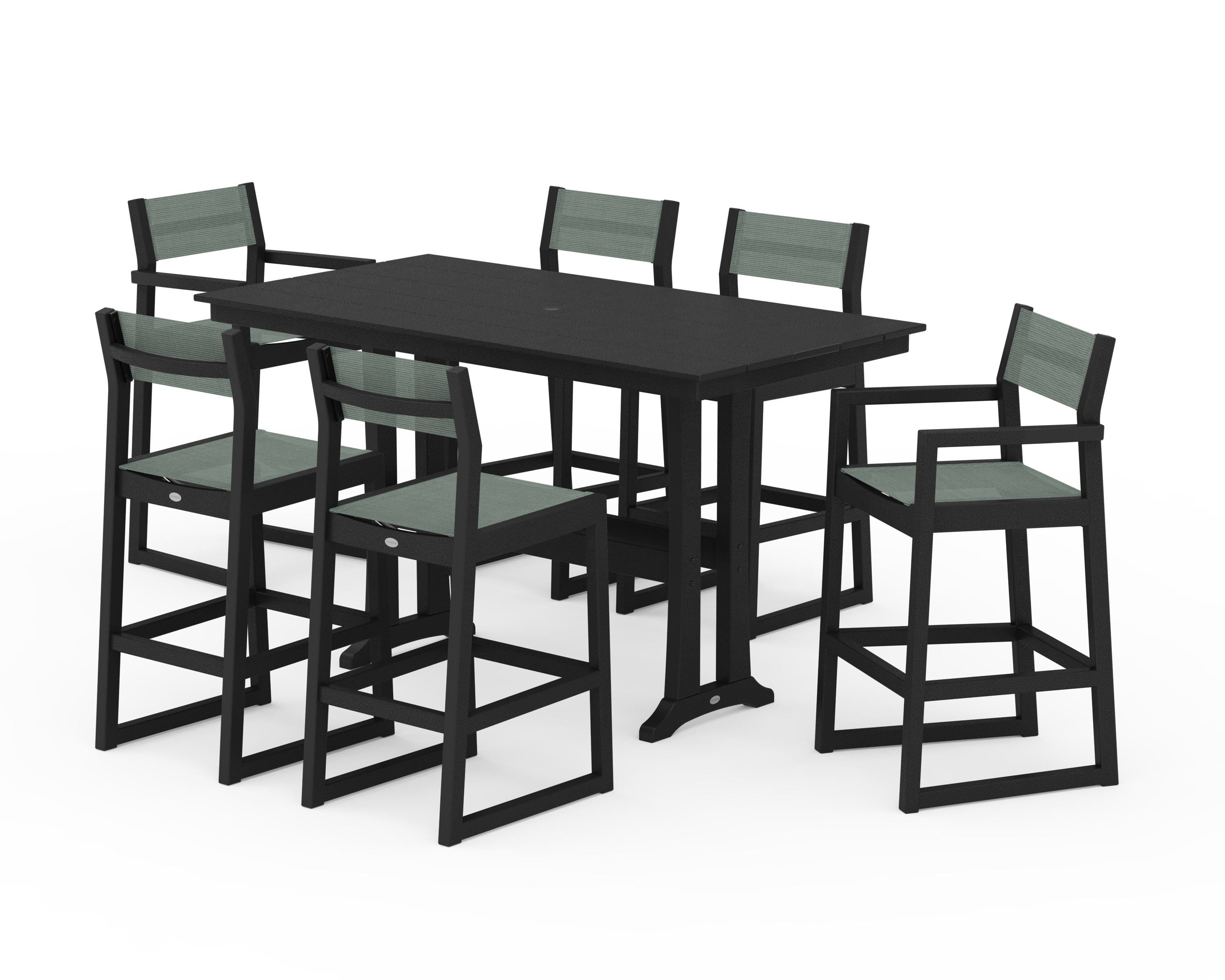POLYWOOD EDGE Sling 7-Piece Farmhouse Bar Set with Trestle Legs in Black / Dupioni Sea Mist Sling