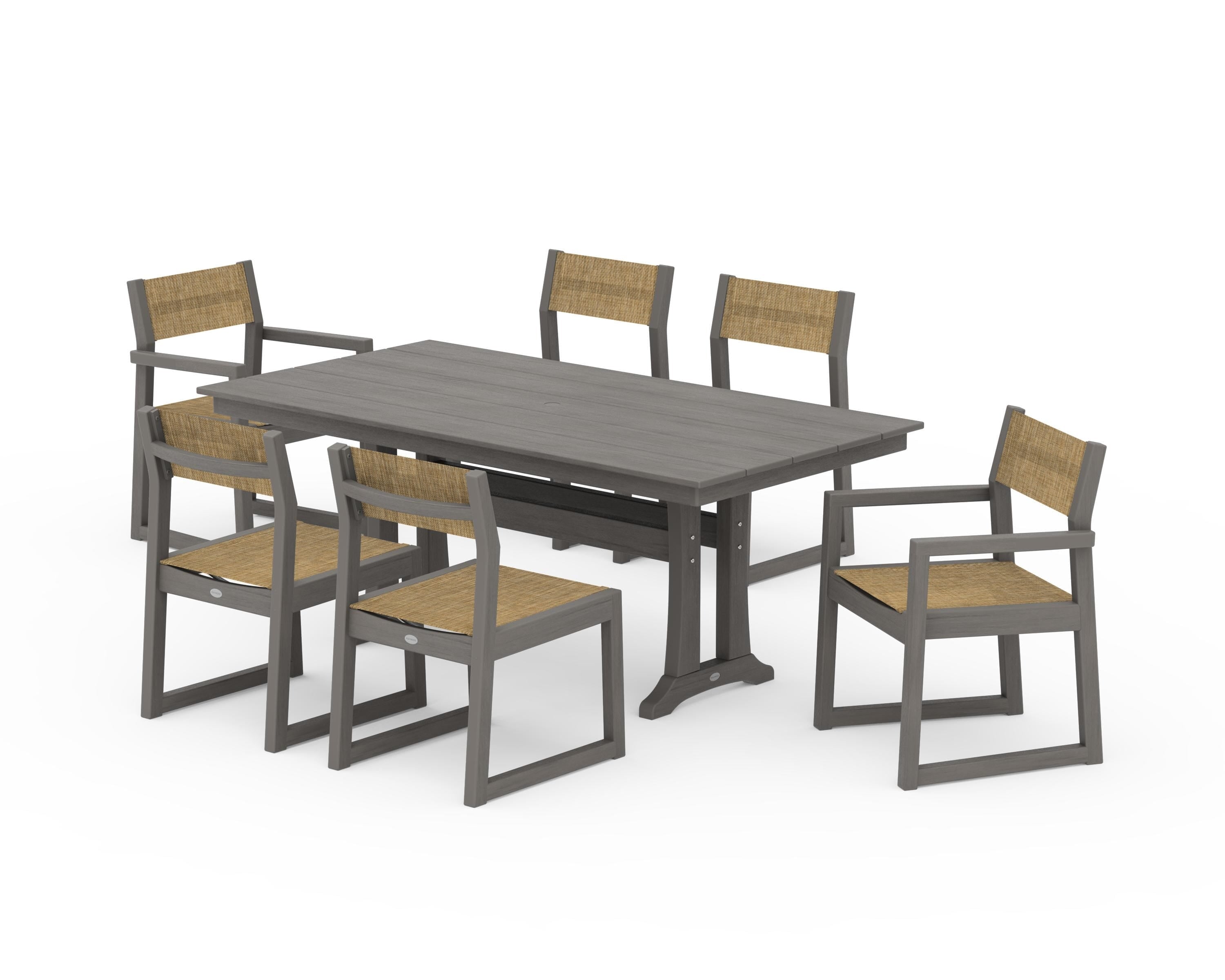 POLYWOOD EDGE Sling 7-Piece Farmhouse Trestle Dining Set in Driftwood / Burlap Sling