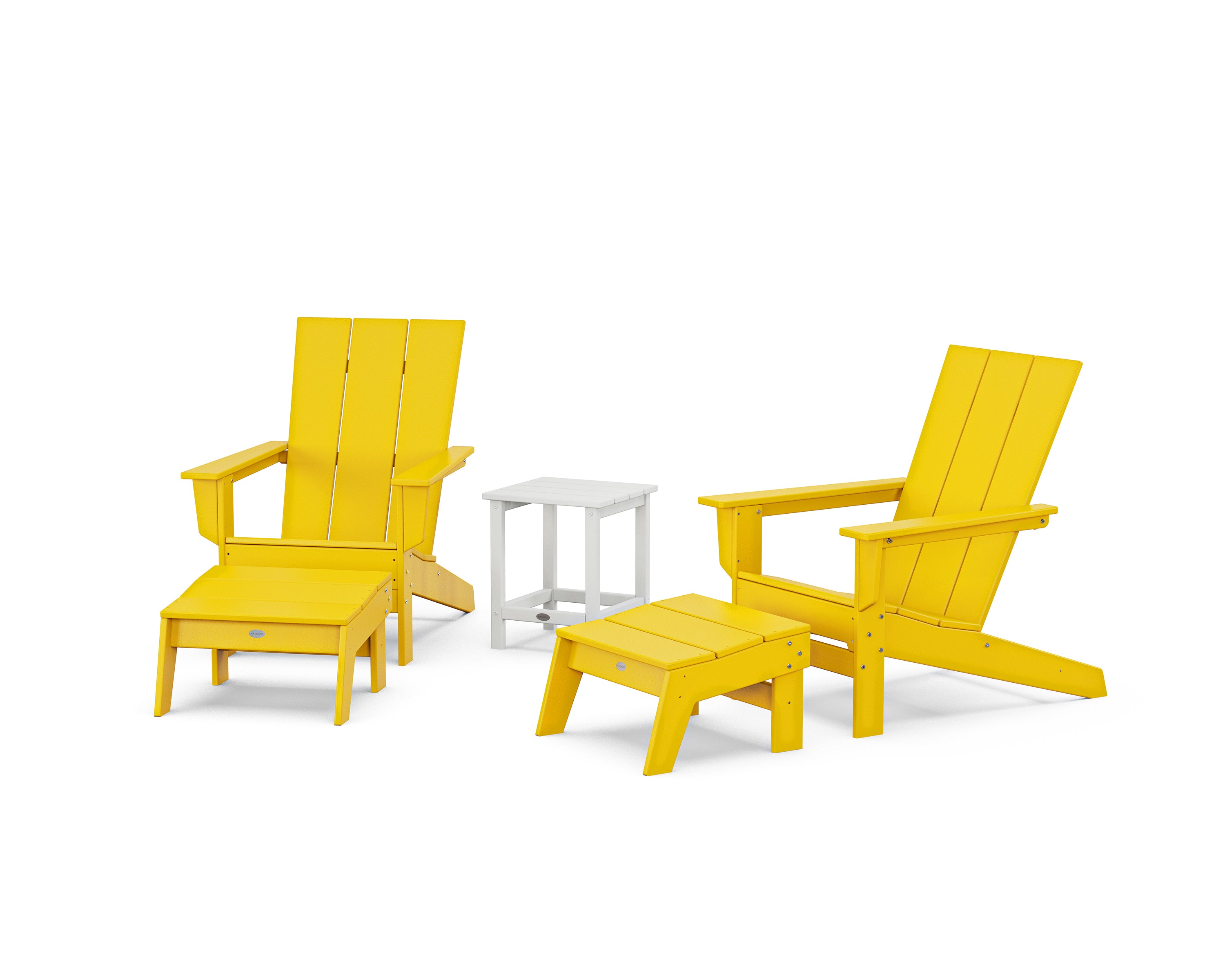 POLYWOOD 5-Piece Modern Studio Adirondack Set with Ottomans and Side Table in Lemon / White