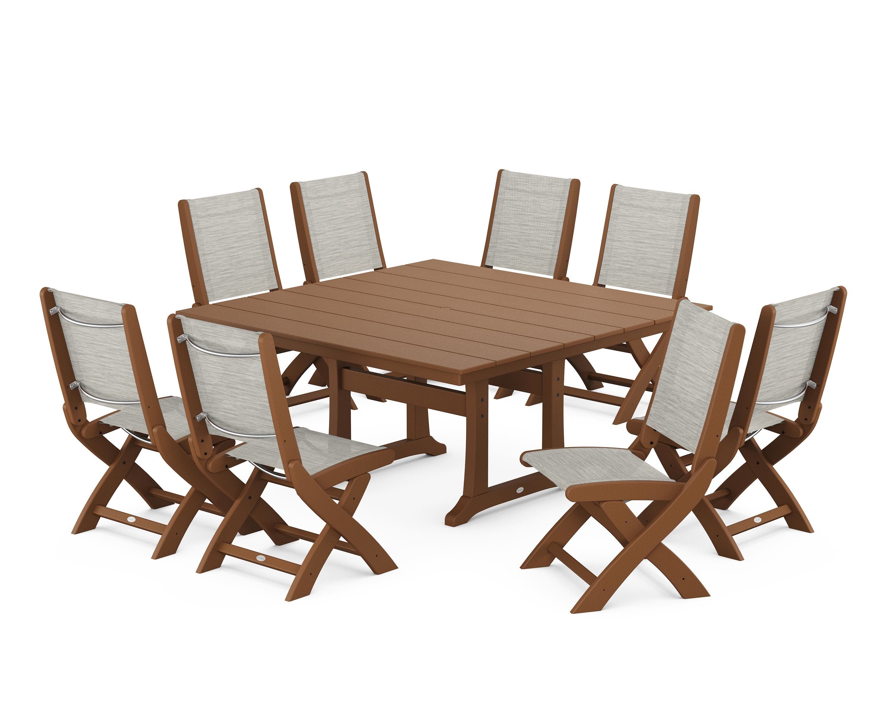 POLYWOOD Coastal Folding Side Chair 9-Piece Farmhouse Dining Set in Teak / Birch Sling