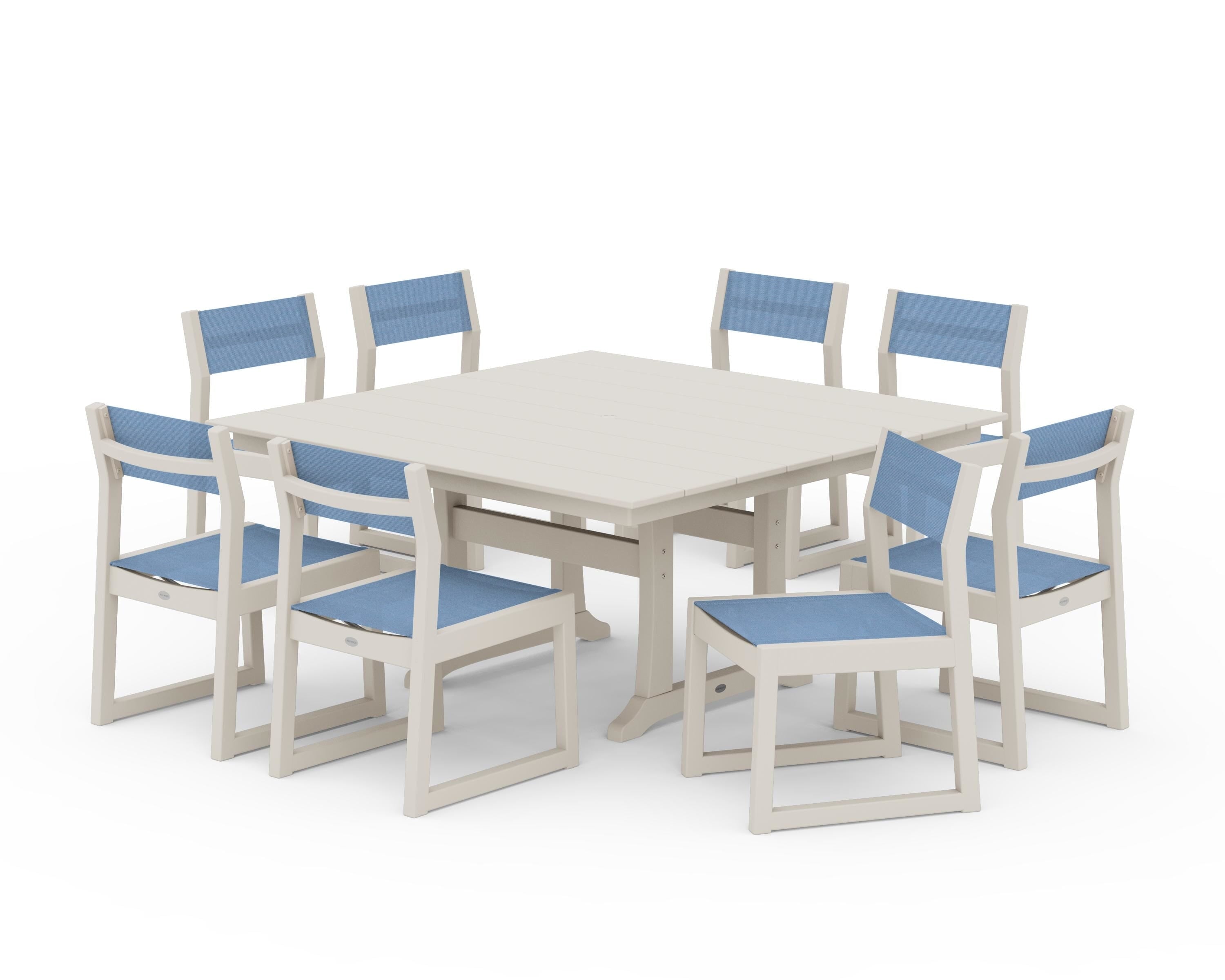 POLYWOOD EDGE Sling Side Chair 9-Piece Farmhouse Trestle Dining Set in Sand / Poolside Sling