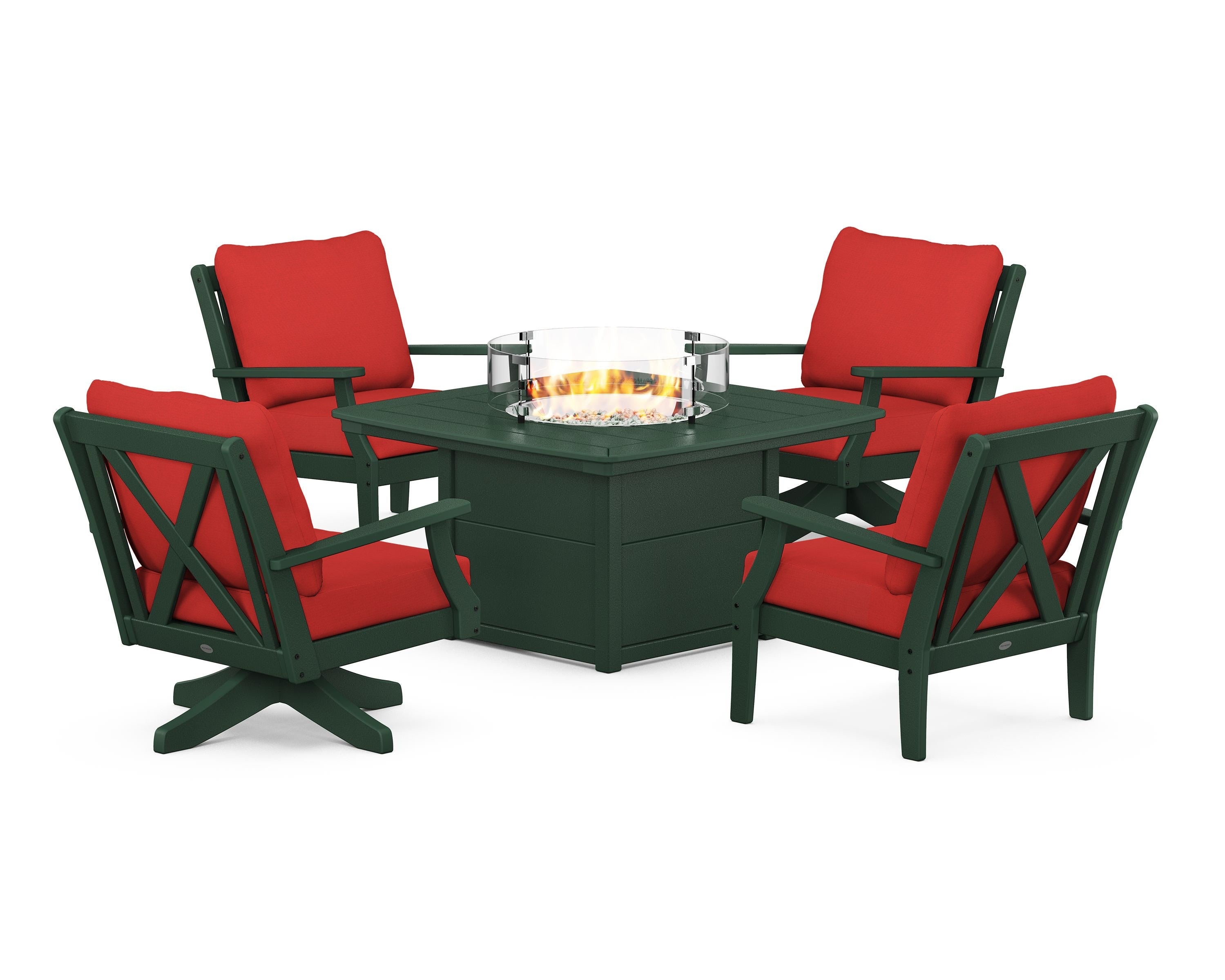 POLYWOOD Braxton 5-Piece Deep Seating Set with Fire Table in Green / Crimson Linen
