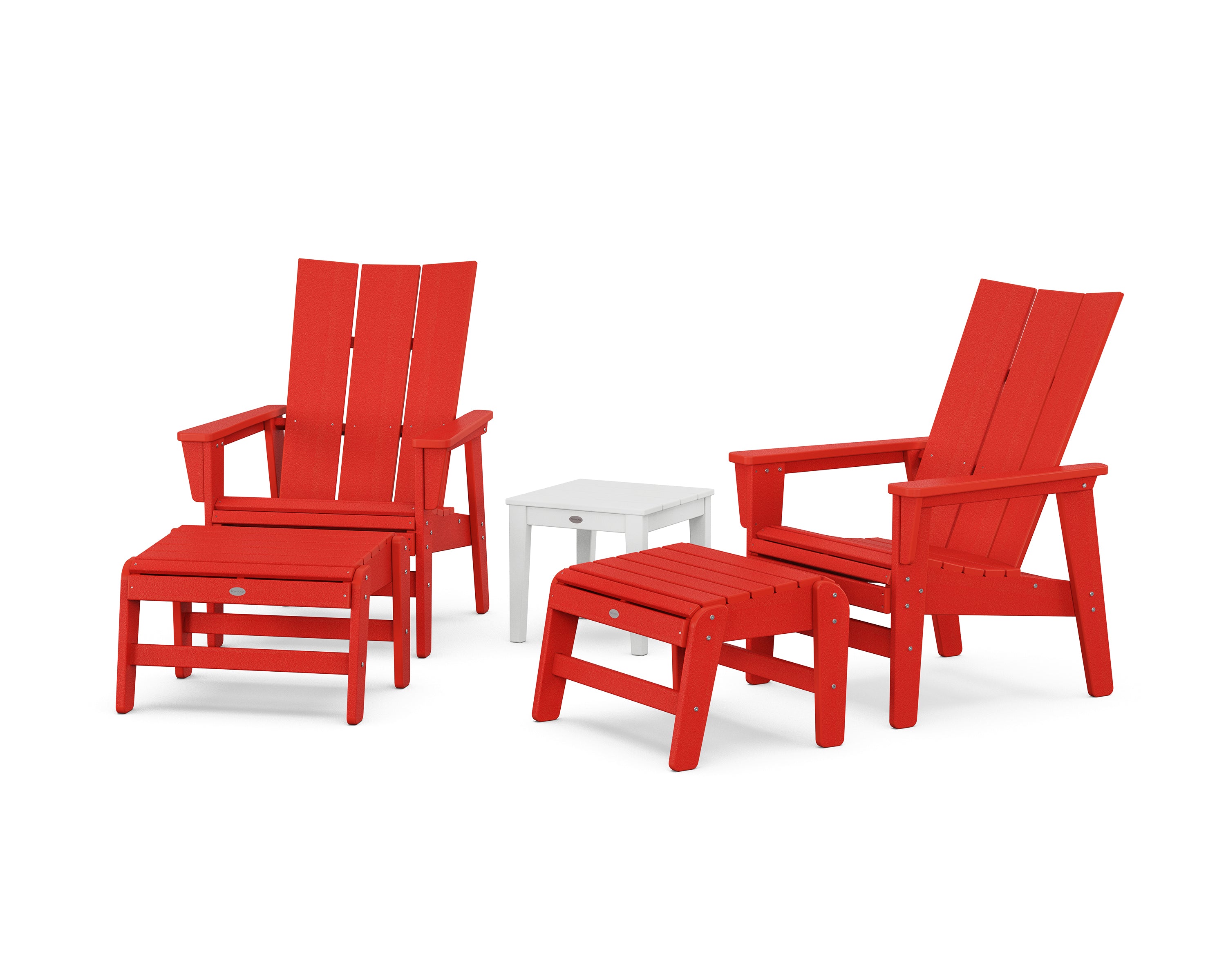 POLYWOOD 5-Piece Modern Grand Upright Adirondack Set with Ottomans and Side Table in Sunset Red / White