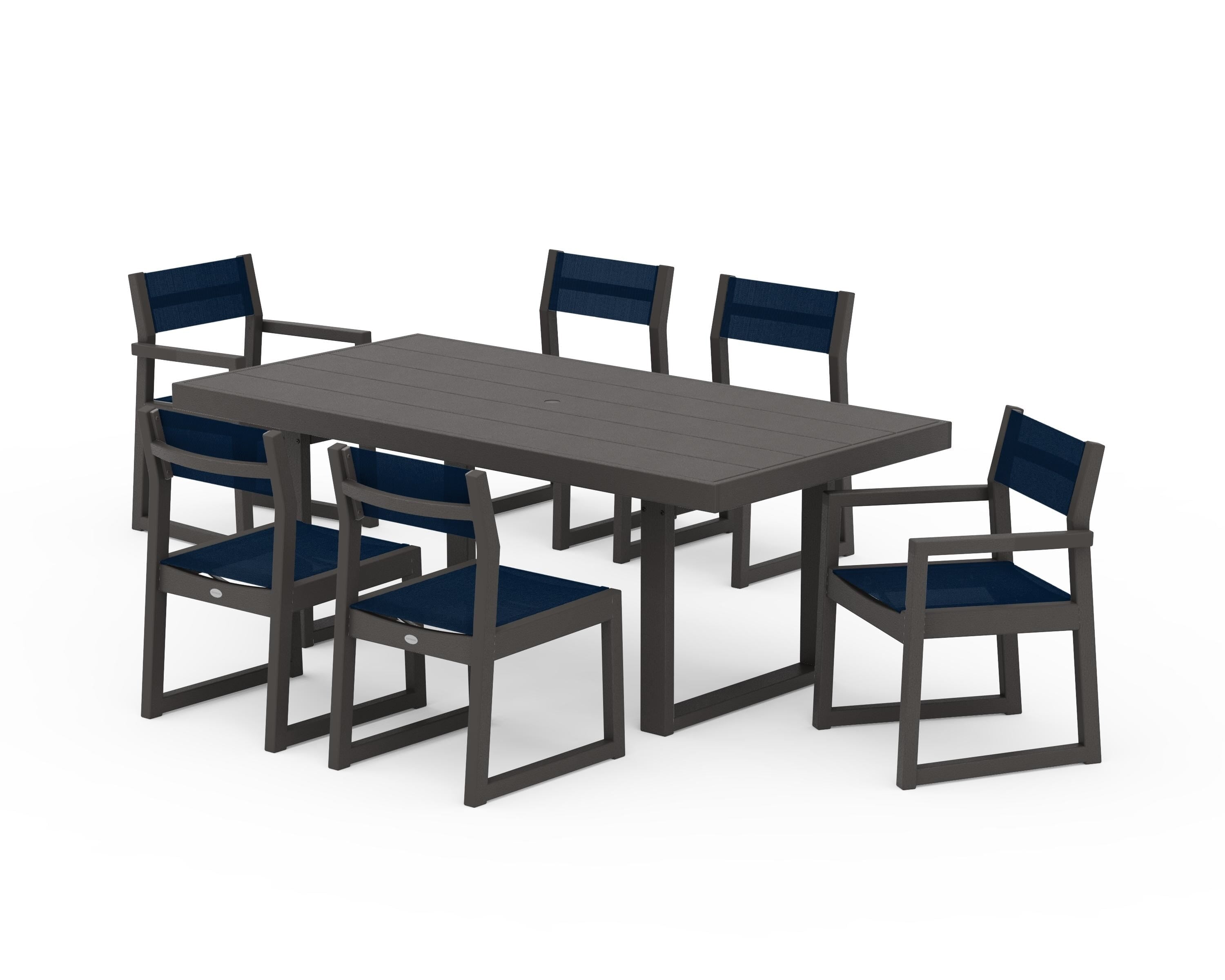 POLYWOOD EDGE Sling 7-Piece Dining Set in Vintage Coffee / Navy Blue Sling