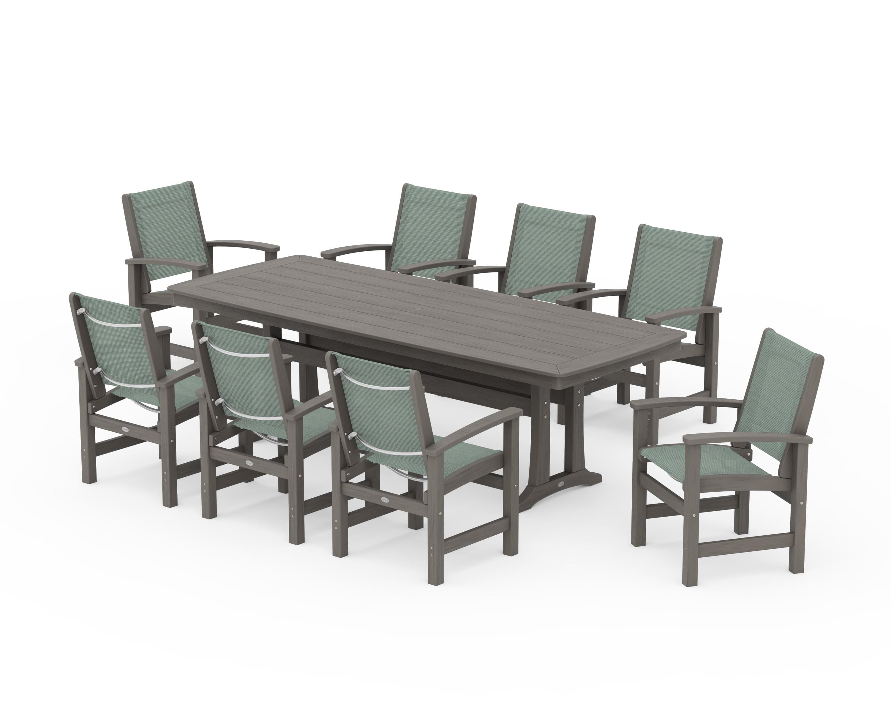 POLYWOOD Coastal 9-Piece Dining Set with Trestle Legs in Driftwood / Dupioni Sea Mist Sling