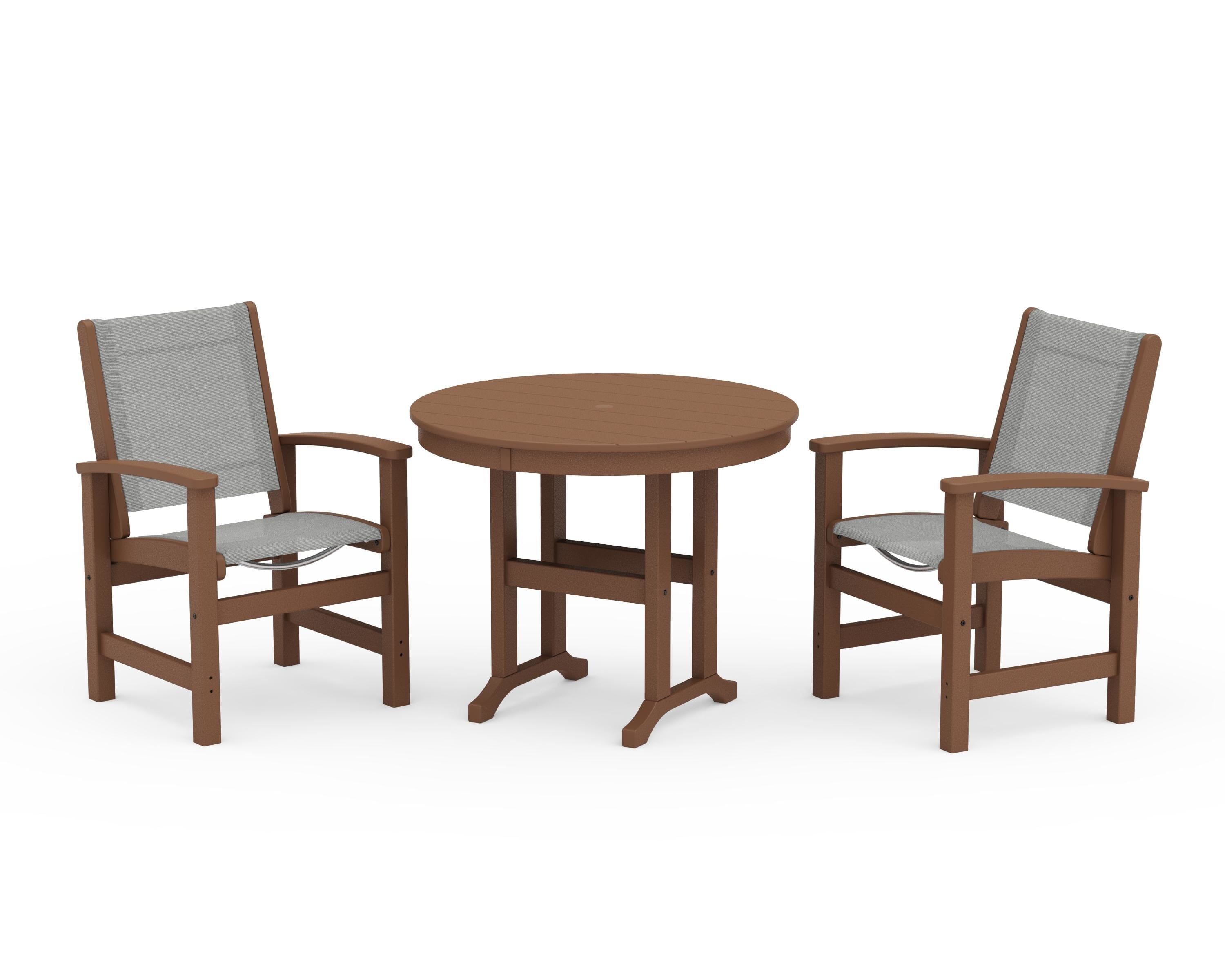 POLYWOOD Coastal 3-Piece Round Dining Set in Teak / Metallic Sling