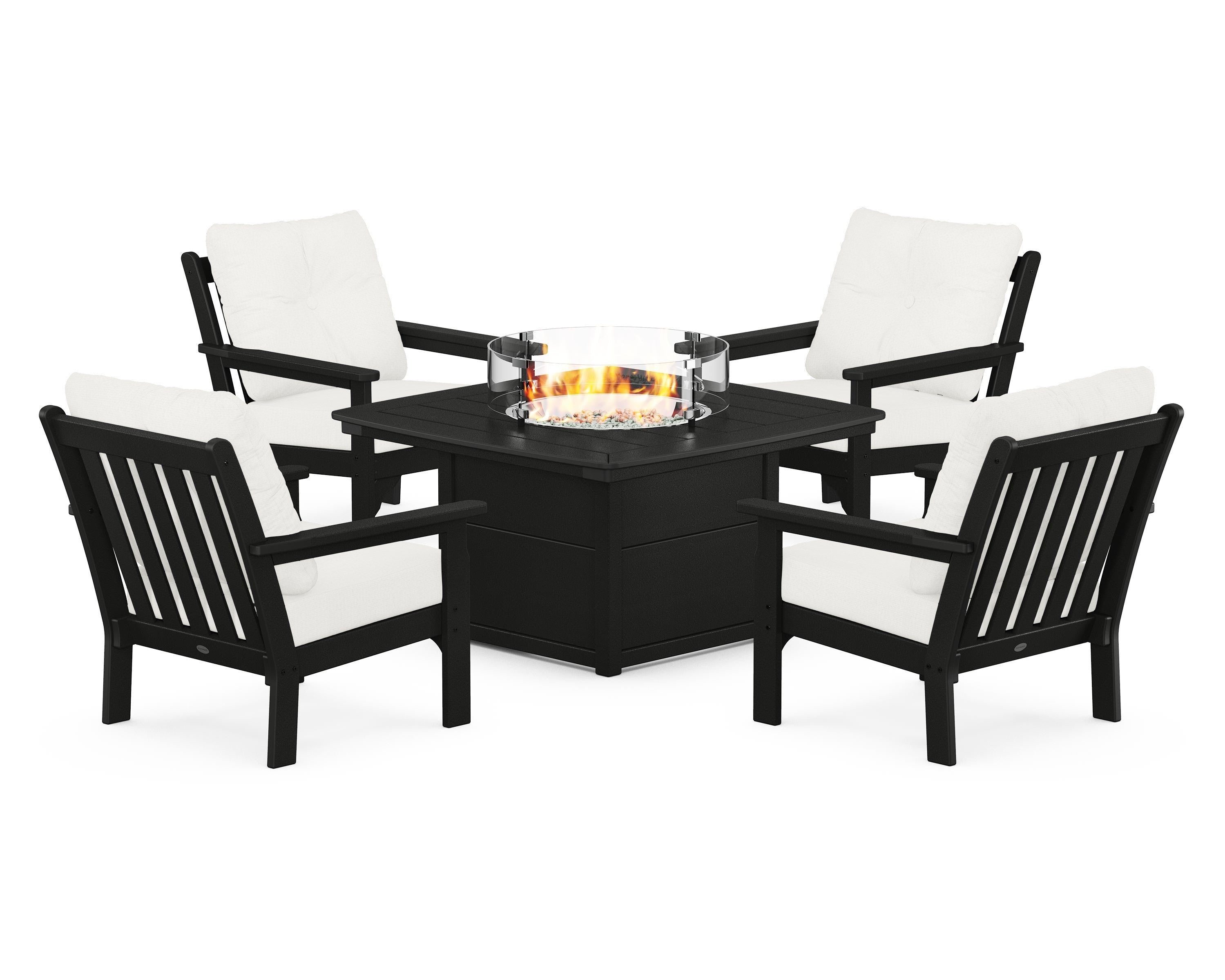 POLYWOOD Vineyard 5-Piece Conversation Set with Fire Pit Table in Black / Natural Linen
