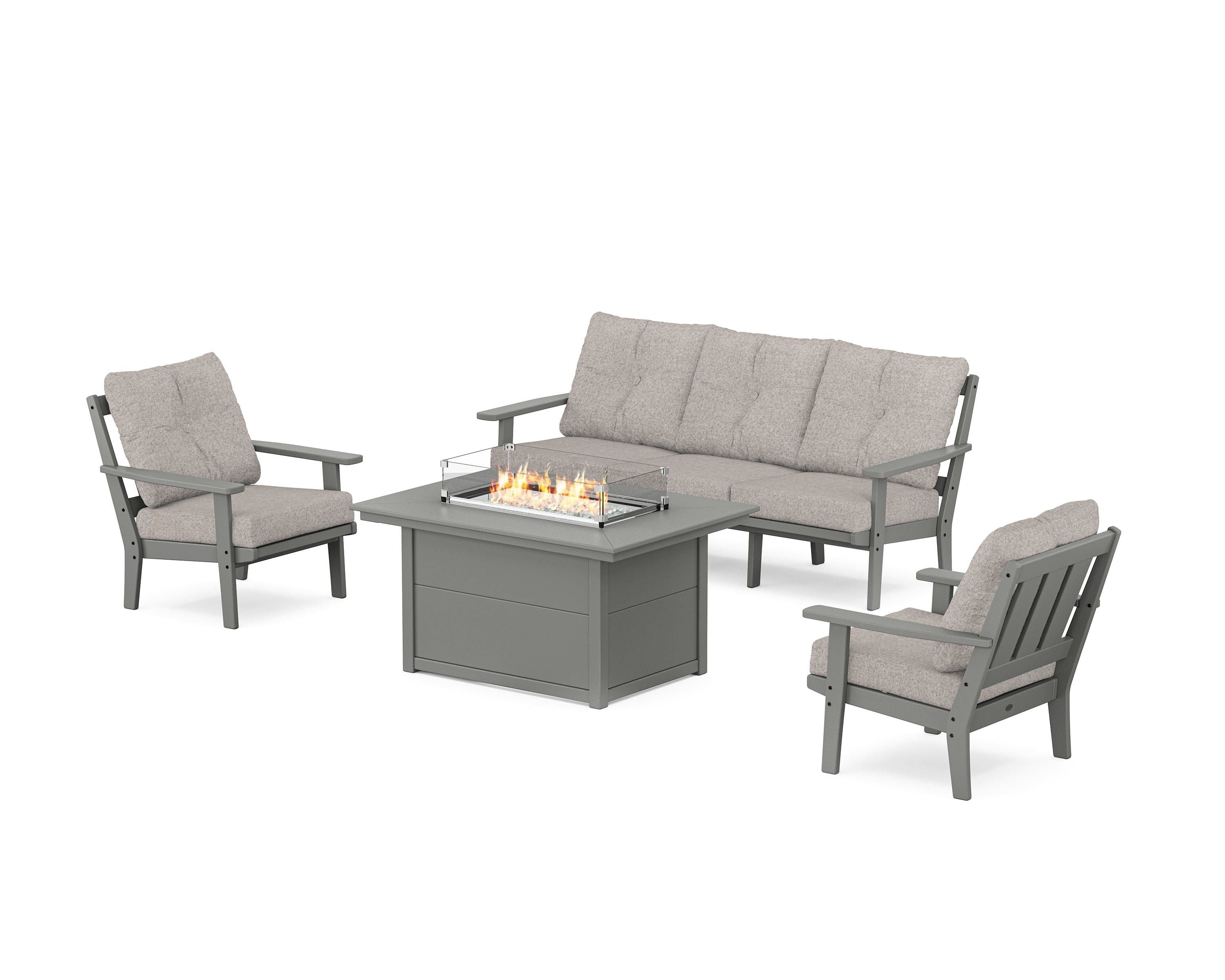 POLYWOOD Oxford Deep Seating Fire Pit Table Set in Slate Grey / Weathered Tweed